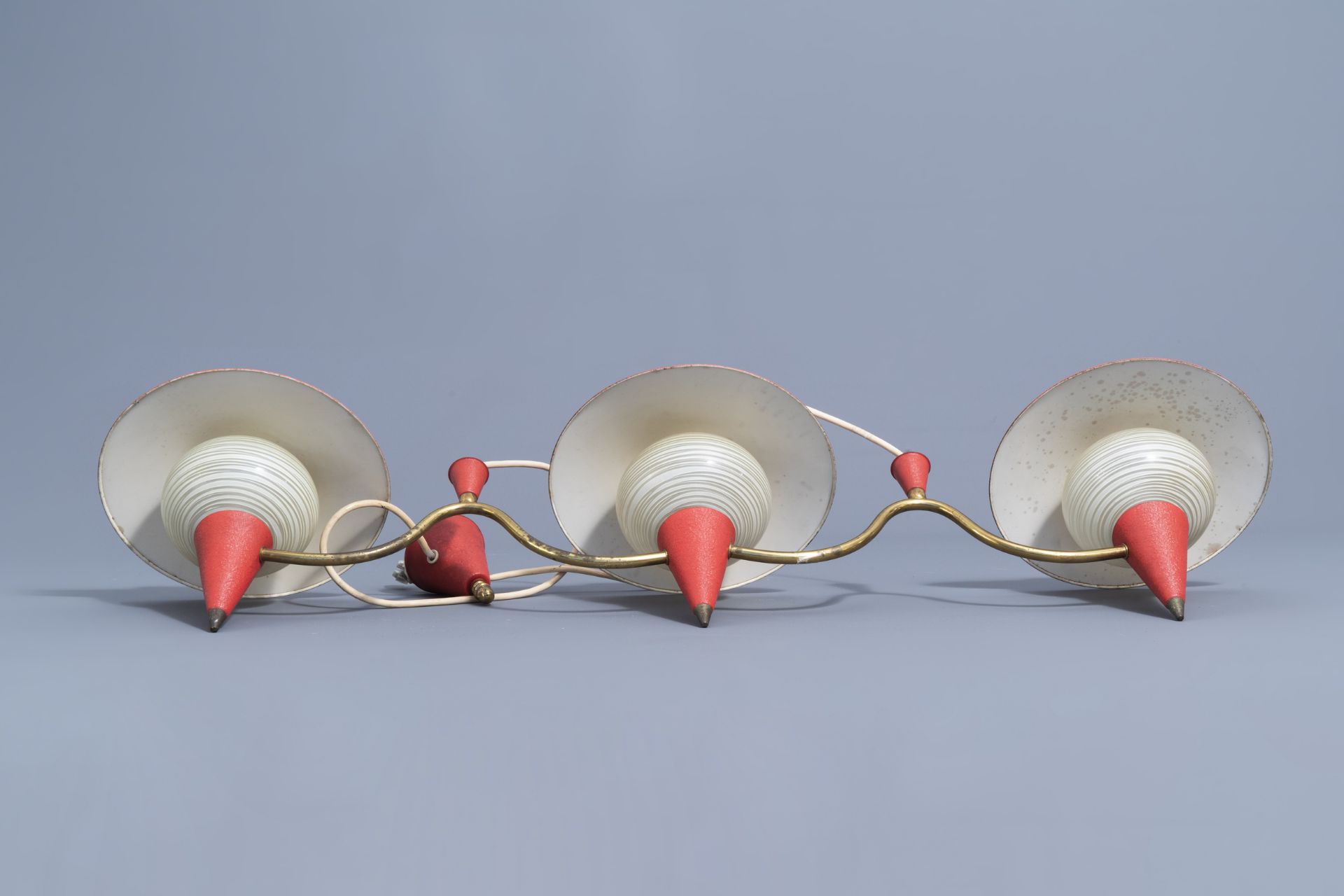 A glass and metal three-light chandelier in the manner of Jean Royere (1902-1981), 1950's-1960's - Image 3 of 3
