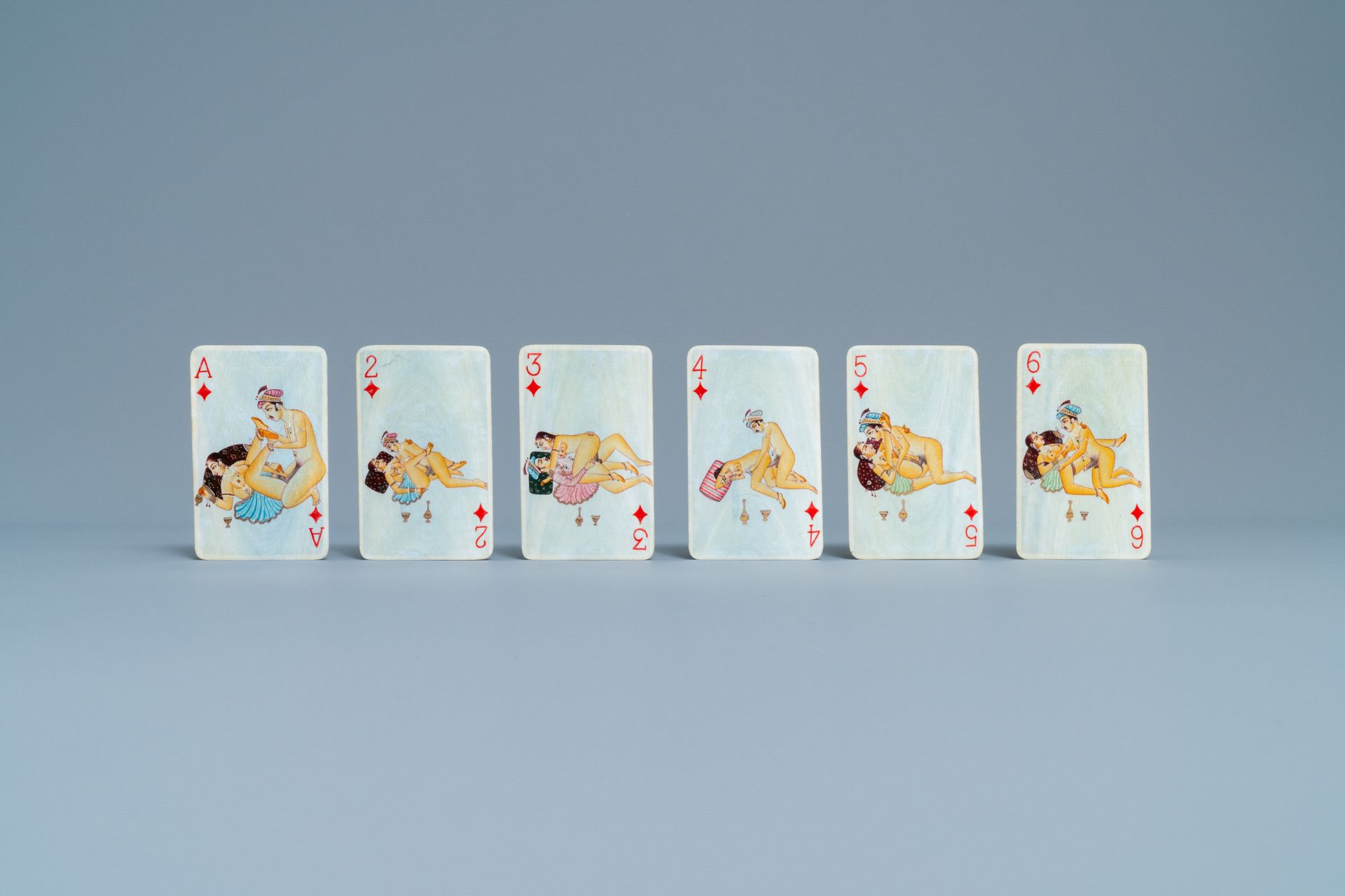 A complete playing cards set with erotic miniatures on ivory, India, early 20th C. - Image 14 of 17