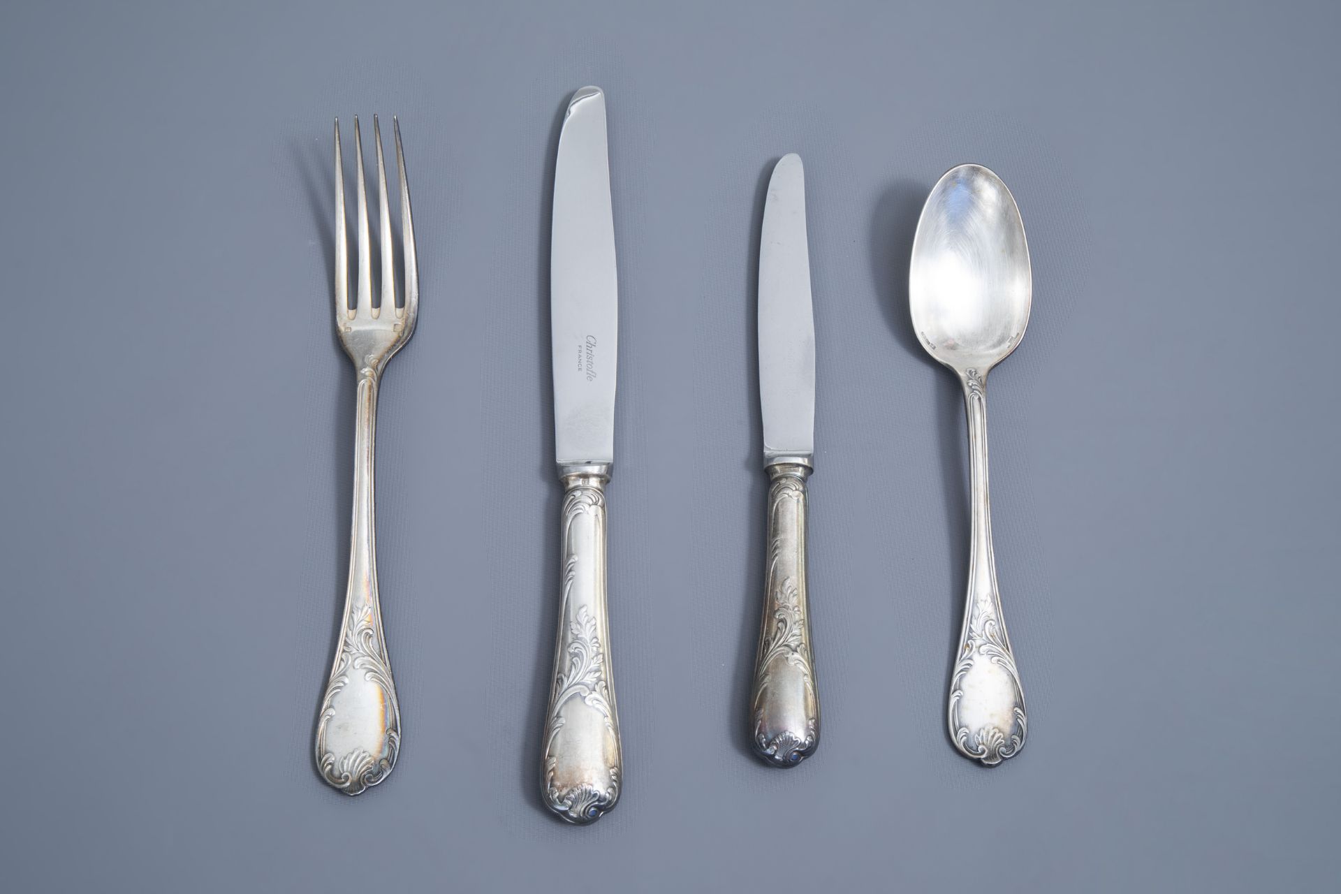 A French 65-piece silver plated rococo style cutlery set, model Marly, Christofle, 20th C. - Image 4 of 32