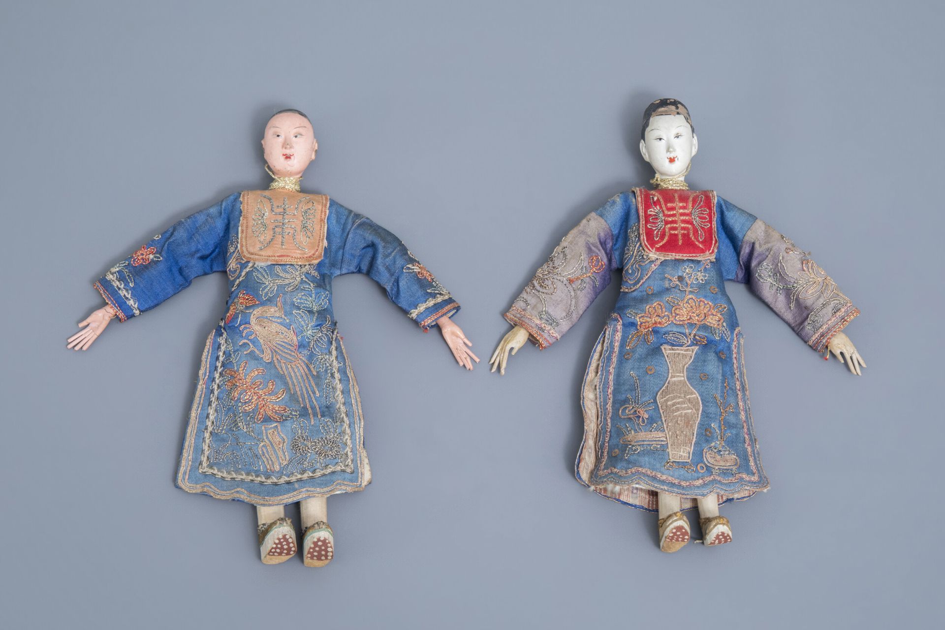 Two Chinese wooden opera or theater dolls, 19th C.