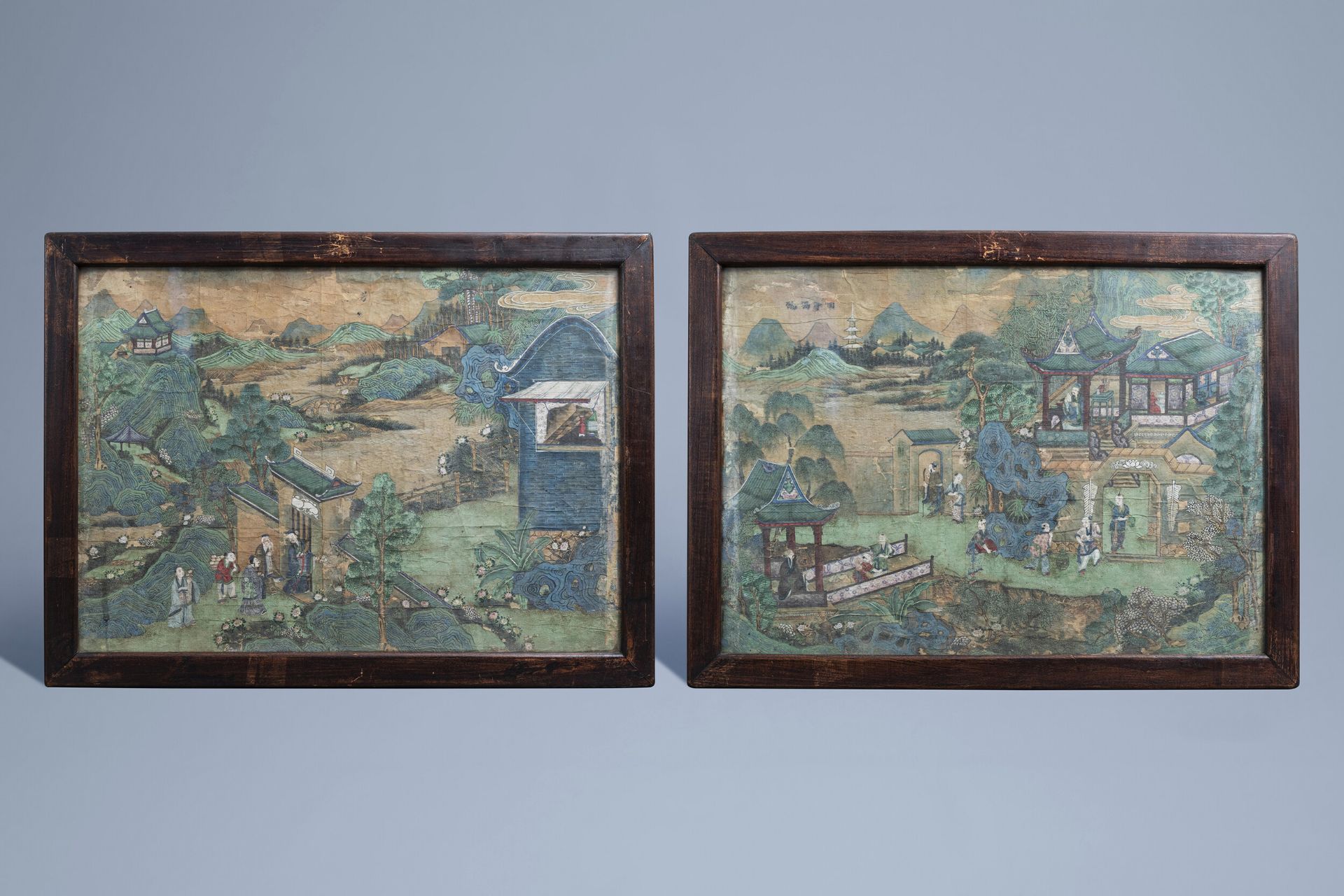 Chinese school, ink and colours on paper, 19th C.: Two animated mountain landscapes