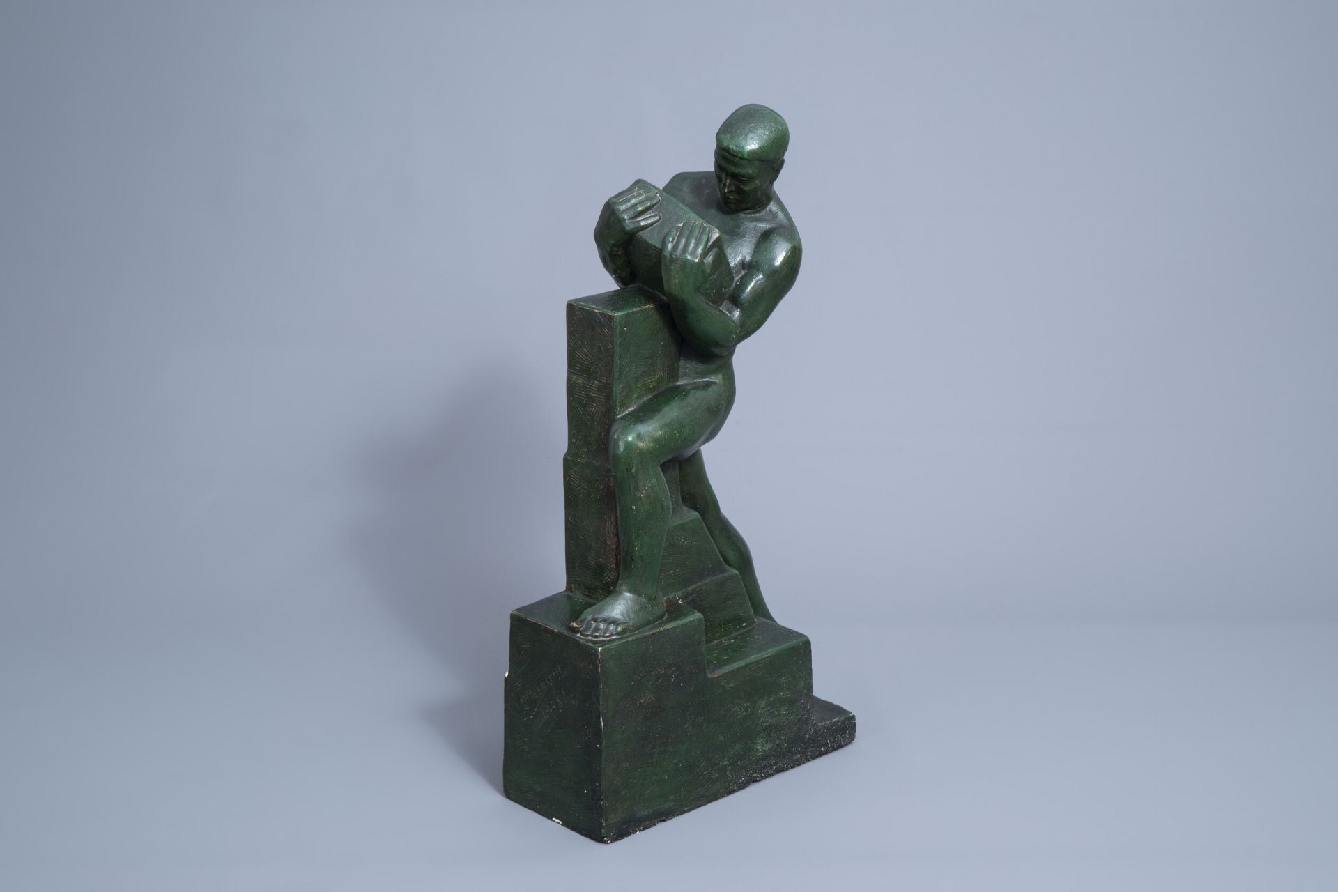 Gustave Van den Meersche (1891-1970): The constructor, green patinated plaster, dated 1938