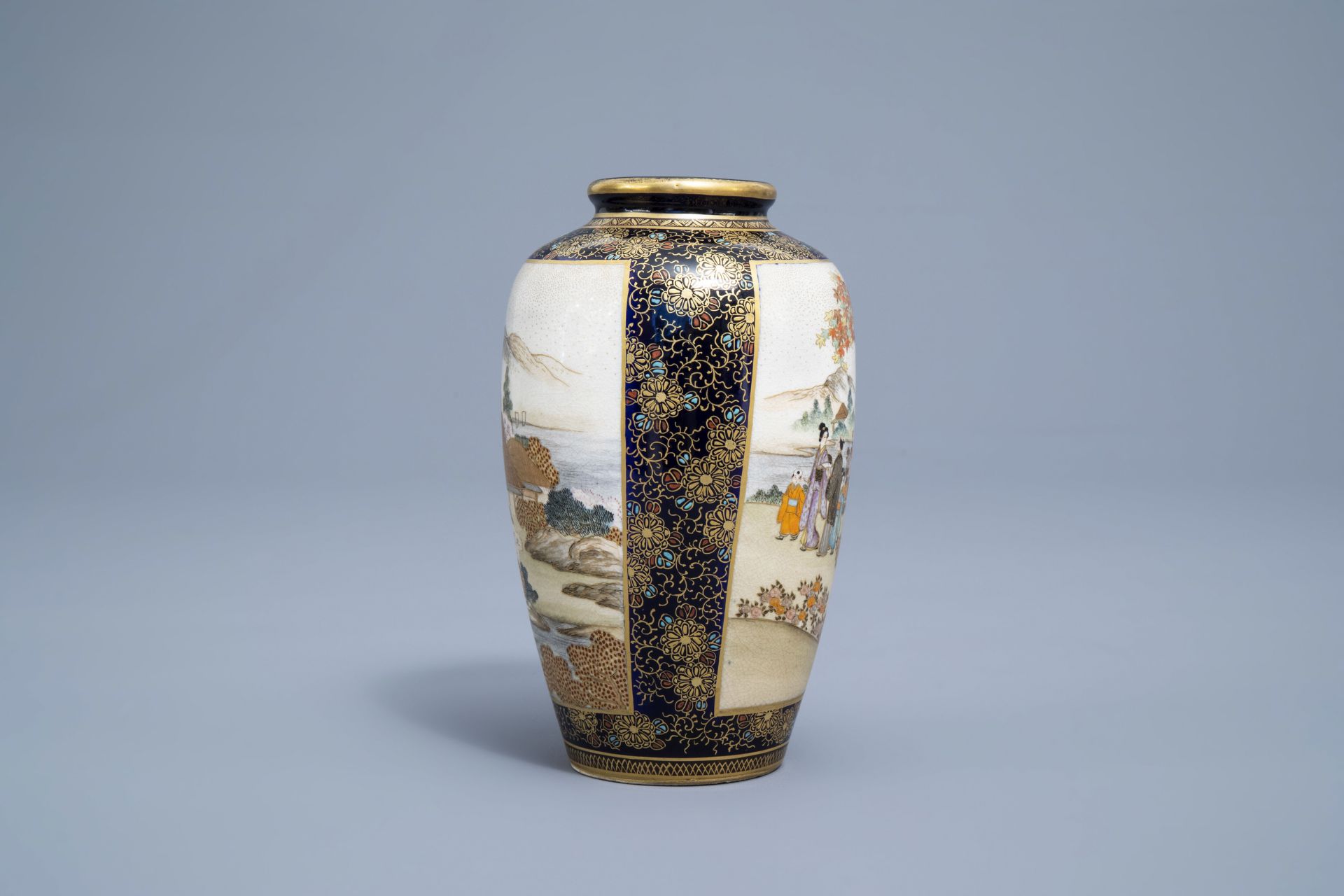 A Japanese Satsuma vase with figures and a landscape, Kinkozan mark, Meiji, 19th C. - Image 3 of 8