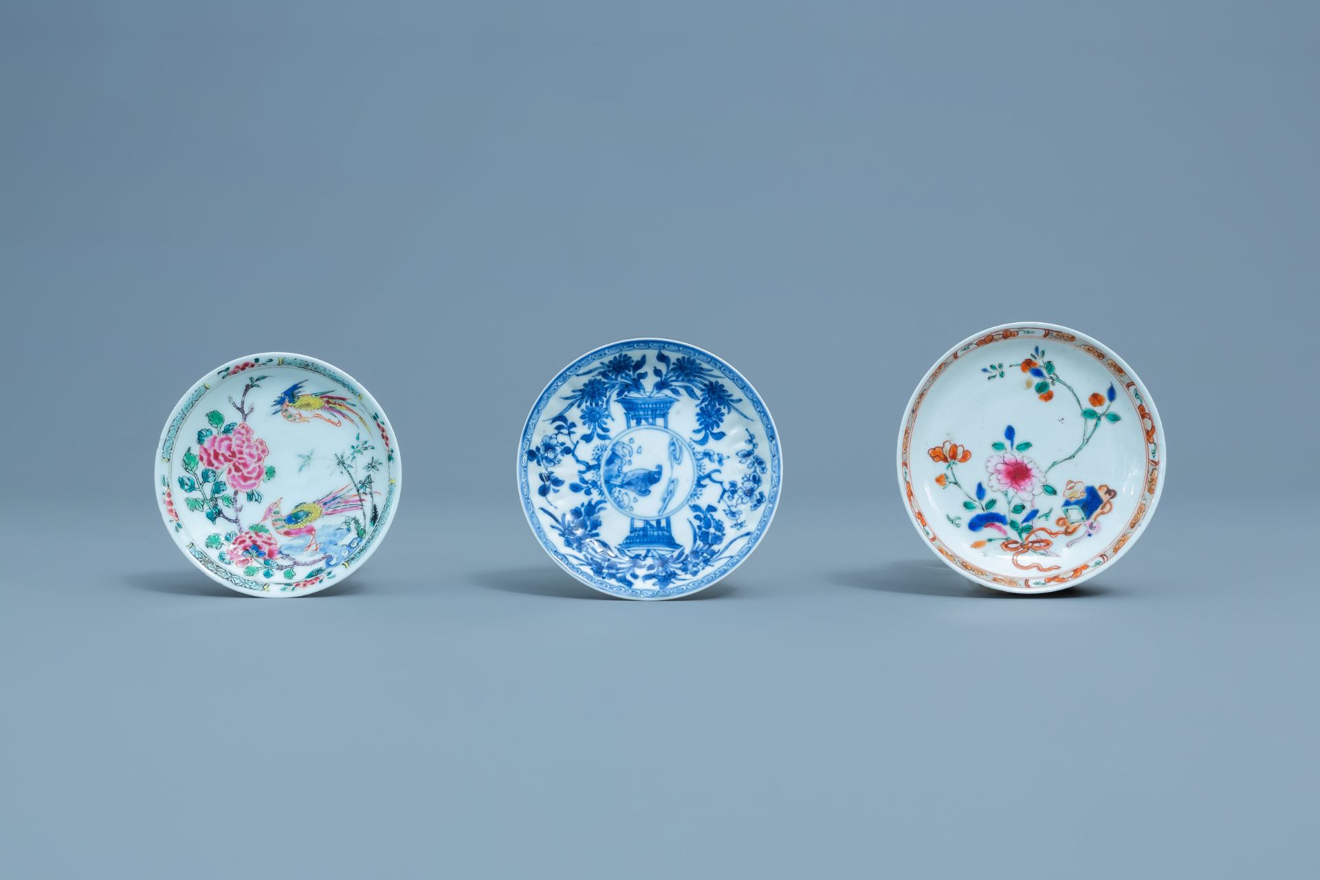 Three Chinese blue, white and famille rose cups and three saucers, Kangxi and later - Image 3 of 18