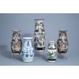 Four Chinese Nanking famille rose and verte vases and a blue and white celadon vase, 19th/20th C.