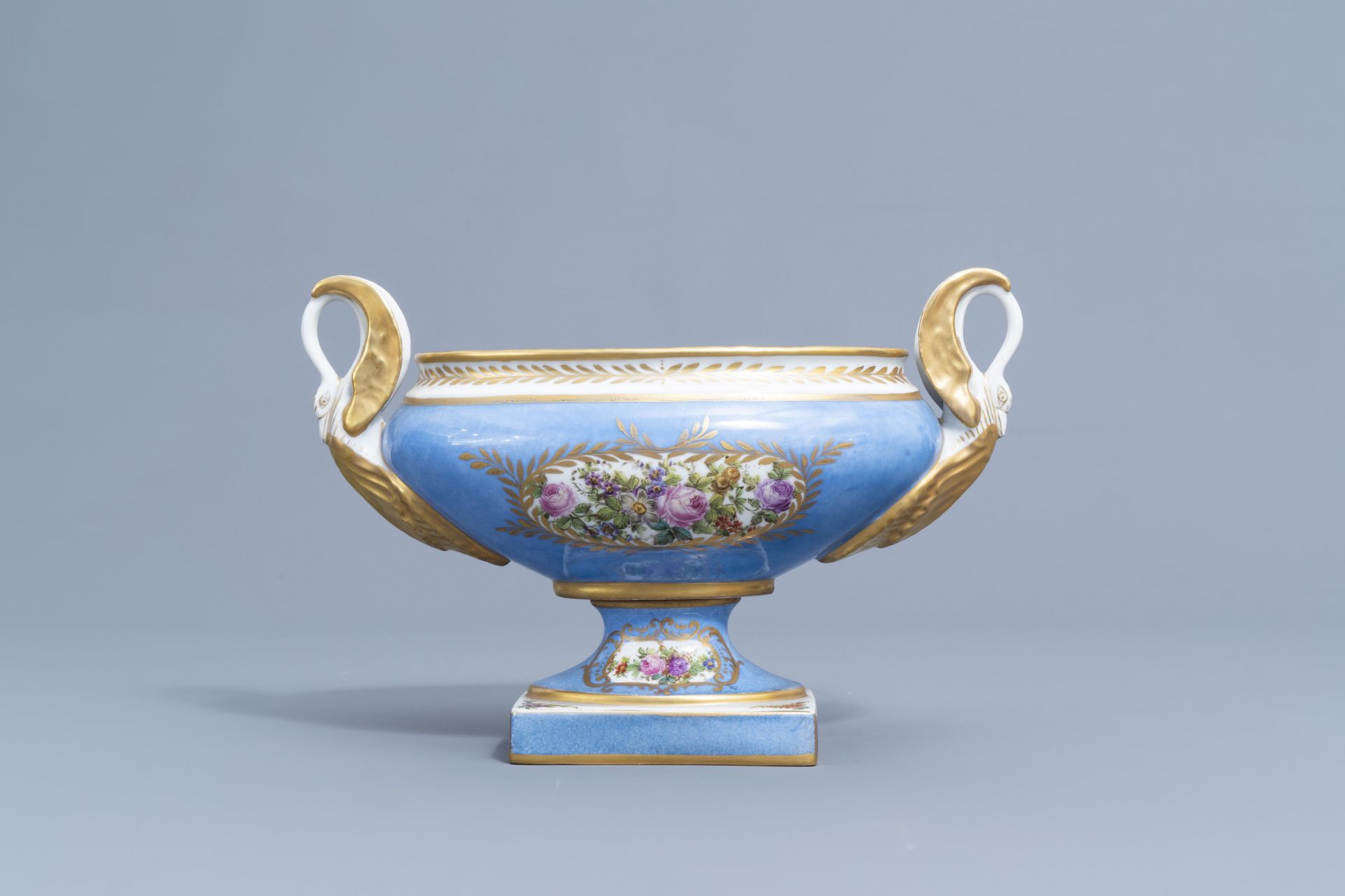 A pair of French 'bleu celeste' Svres manner vases and an Empire style centrepiece, 19th/20th C. - Image 17 of 28