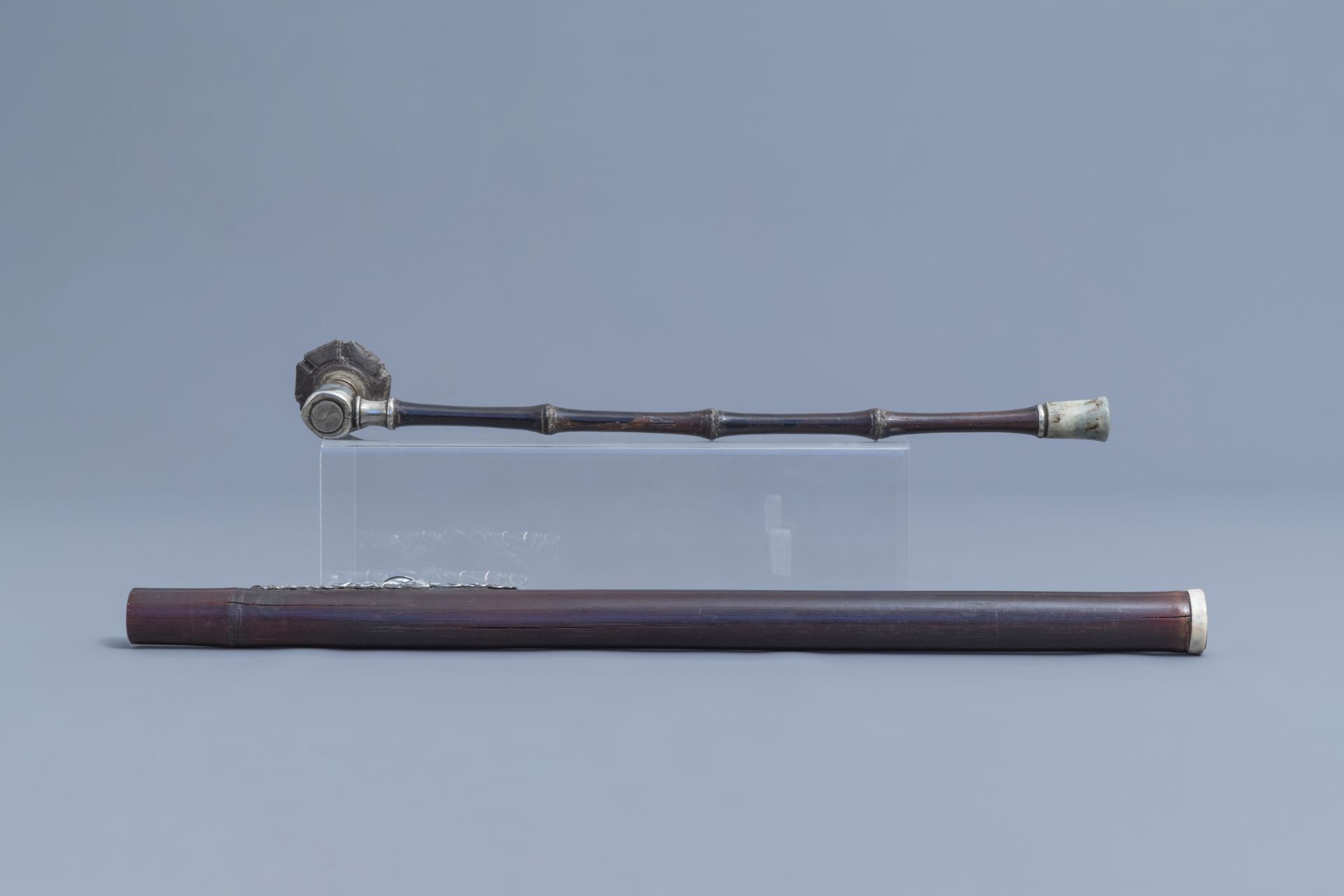 Two Chinese bamboo opium pipes finished with silver, jade, ivory and stoneware, 19th C. - Image 5 of 8