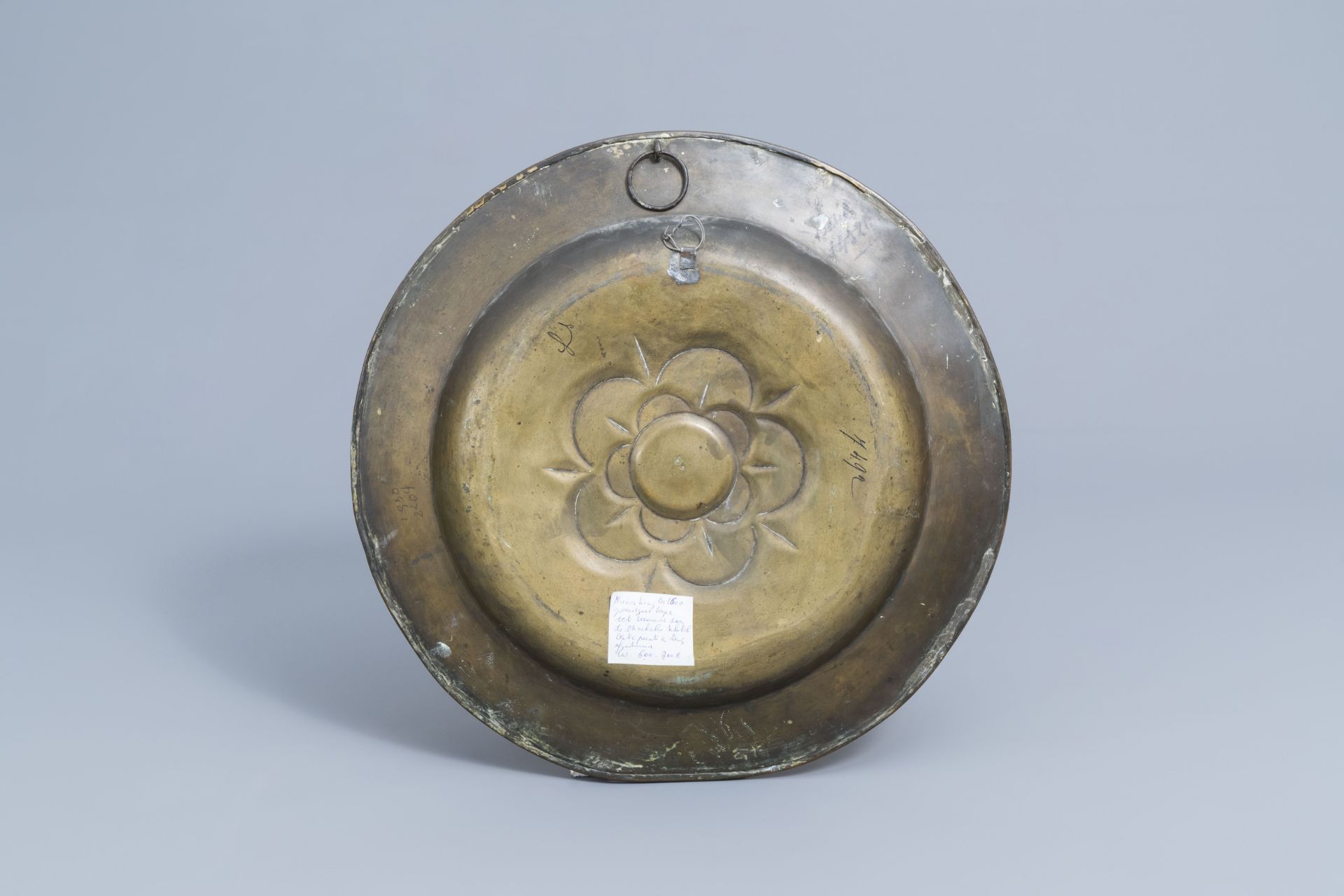 A large German brass alms dish with floral design, possibly 17th C. - Image 2 of 9