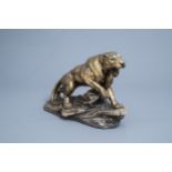 Armand Fagotto (19th/20th C.): A panther on a rock, patinated & gilt terracotta, 2nd quarter 20th C.