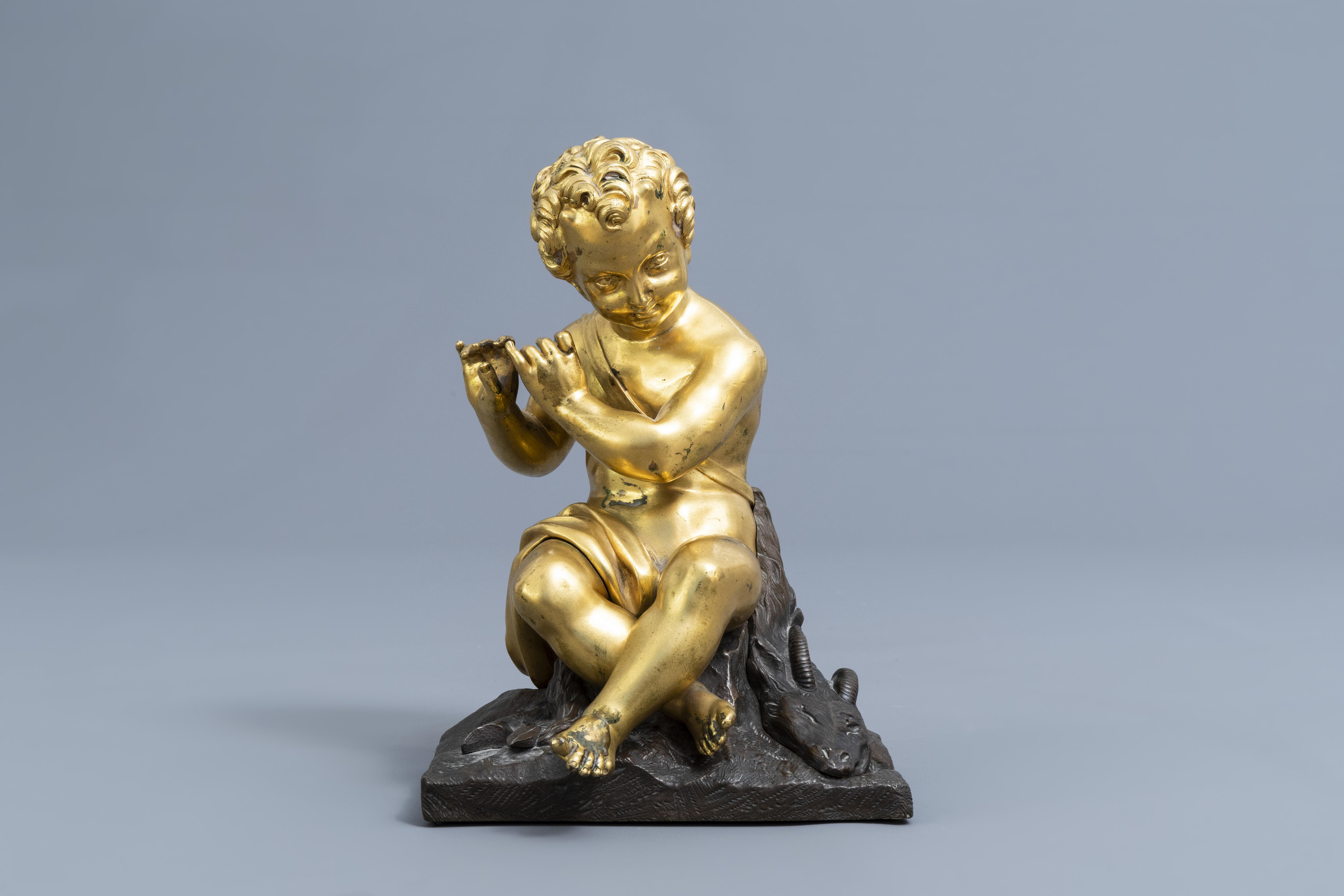French school: A flute player with a goat, gilt and patinated bronze on a gilt mounted wooden base, - Image 2 of 13