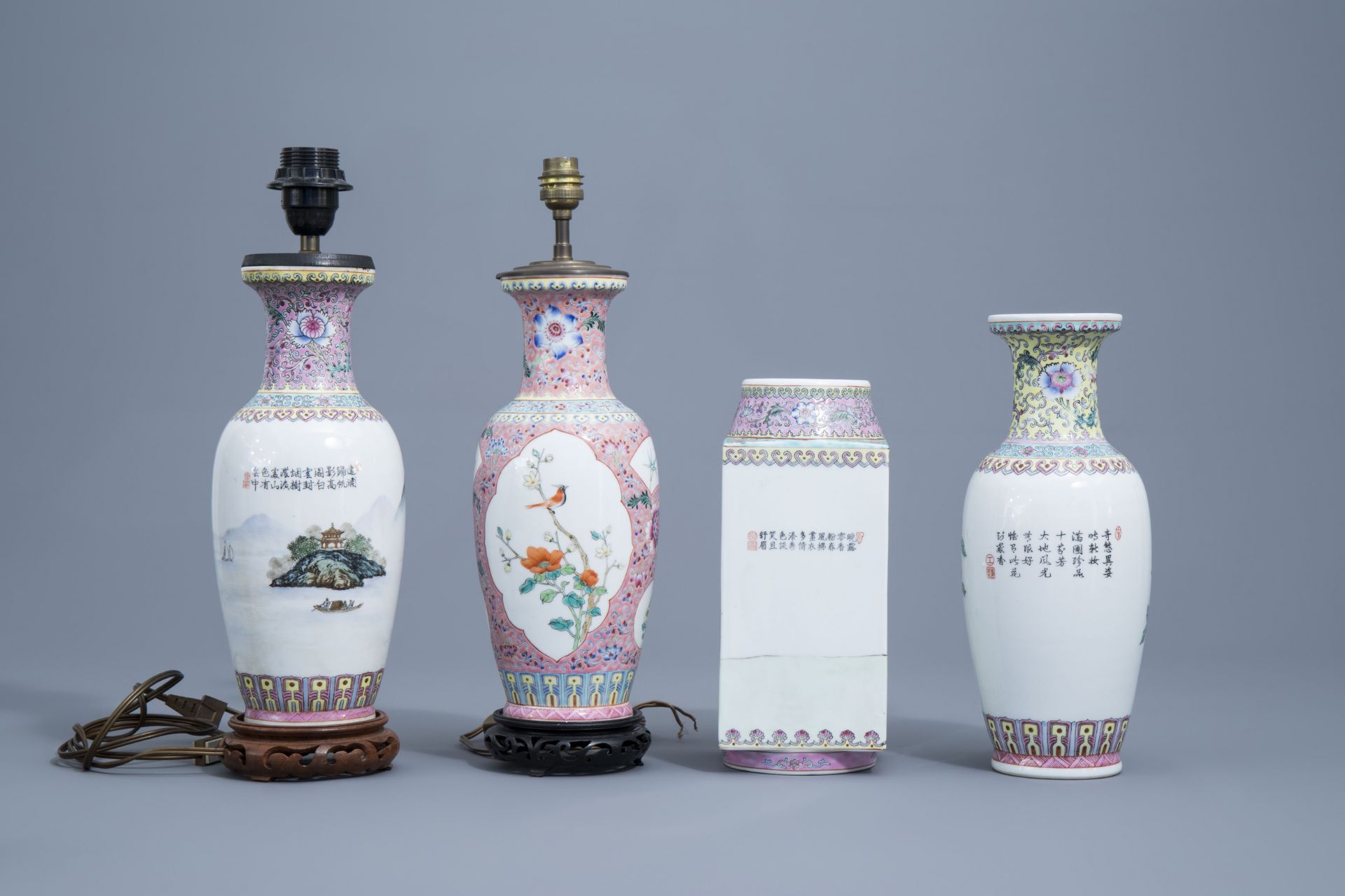 A varied collection of nine Chinese famille rose vases, 20th C. - Image 10 of 20