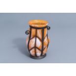 A French glass and wrought iron Art Deco vase, probably Verreries d'Art Lorrain, 20th C.