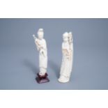 Two Chinese carved ivory figures of a scholar and a lady with a parrot, 19th/20th C.