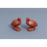 A pair of Chinese coral red models of quails, Qianlong/Jiaqing