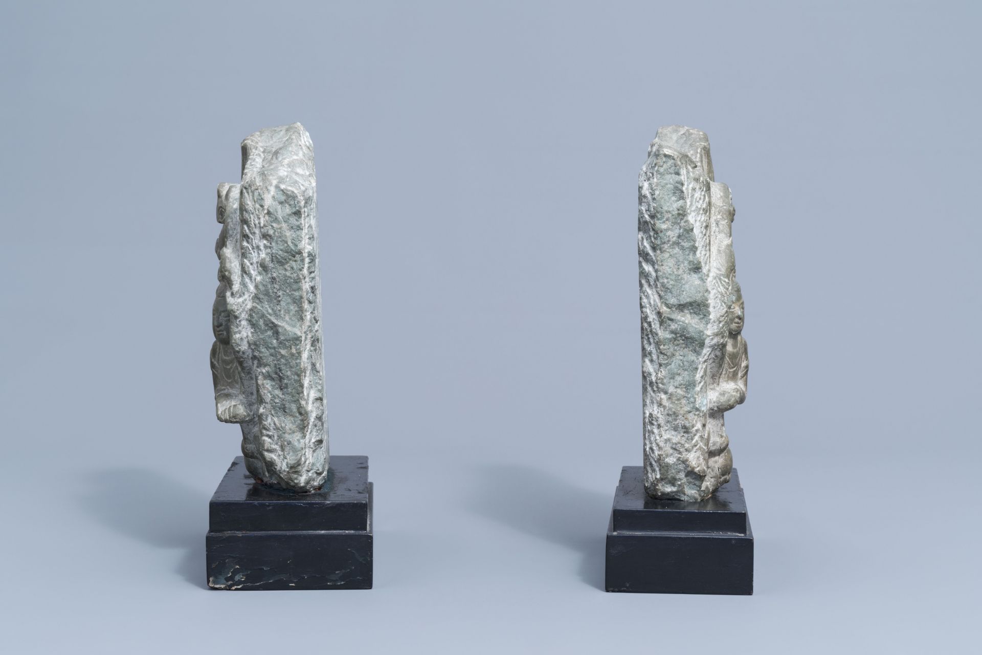 Two Chinese carved stone fragments with winged ladies, 20th C. - Image 5 of 7
