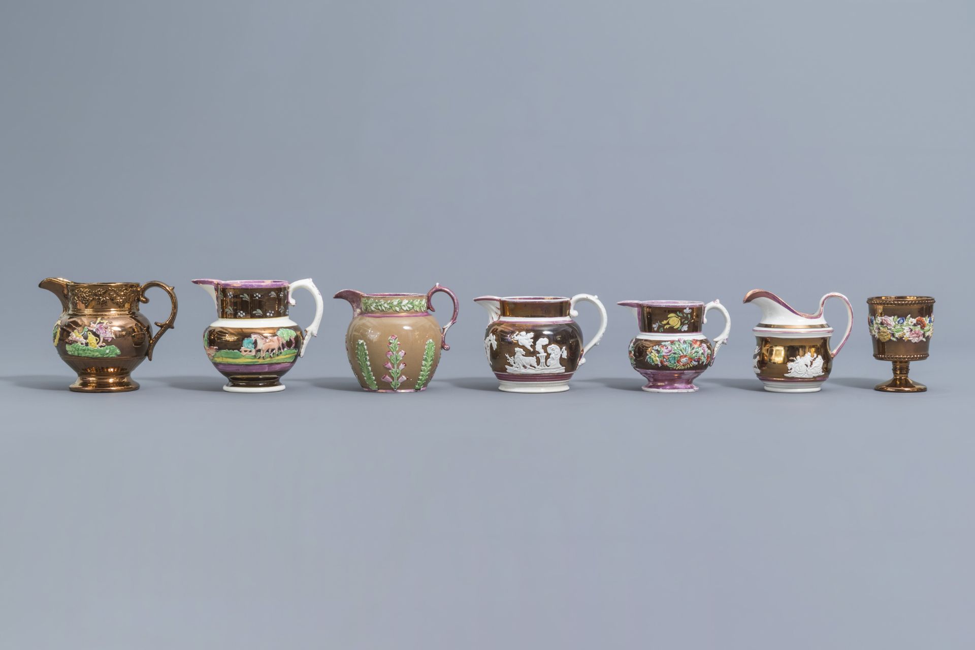 A varied collection of English lustreware items with relief design, 19th C. - Image 32 of 50