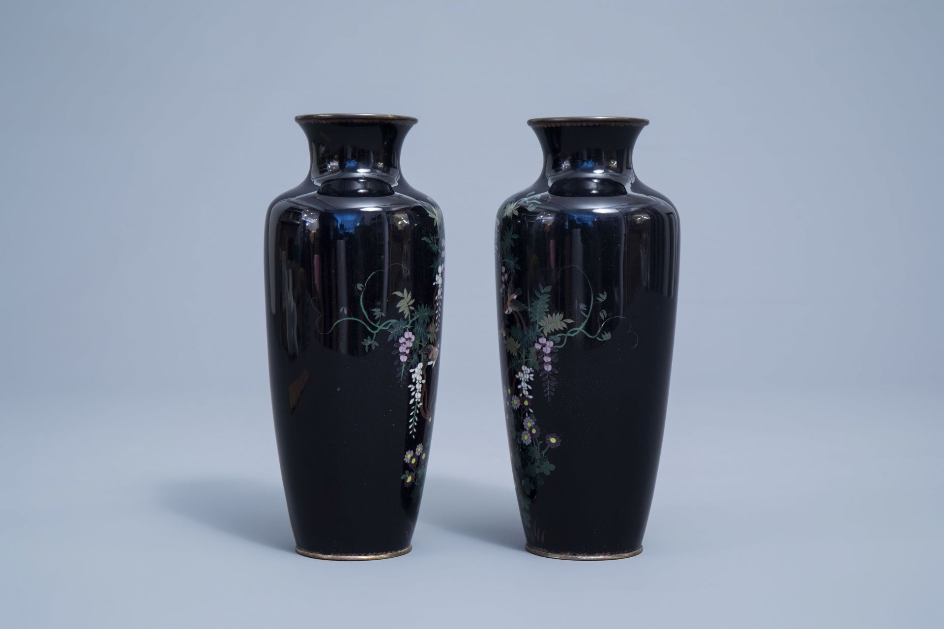 A pair of fine Japanese cloisonne vases with a bird among blossoming branches, Meiji, 19th C. - Image 3 of 7