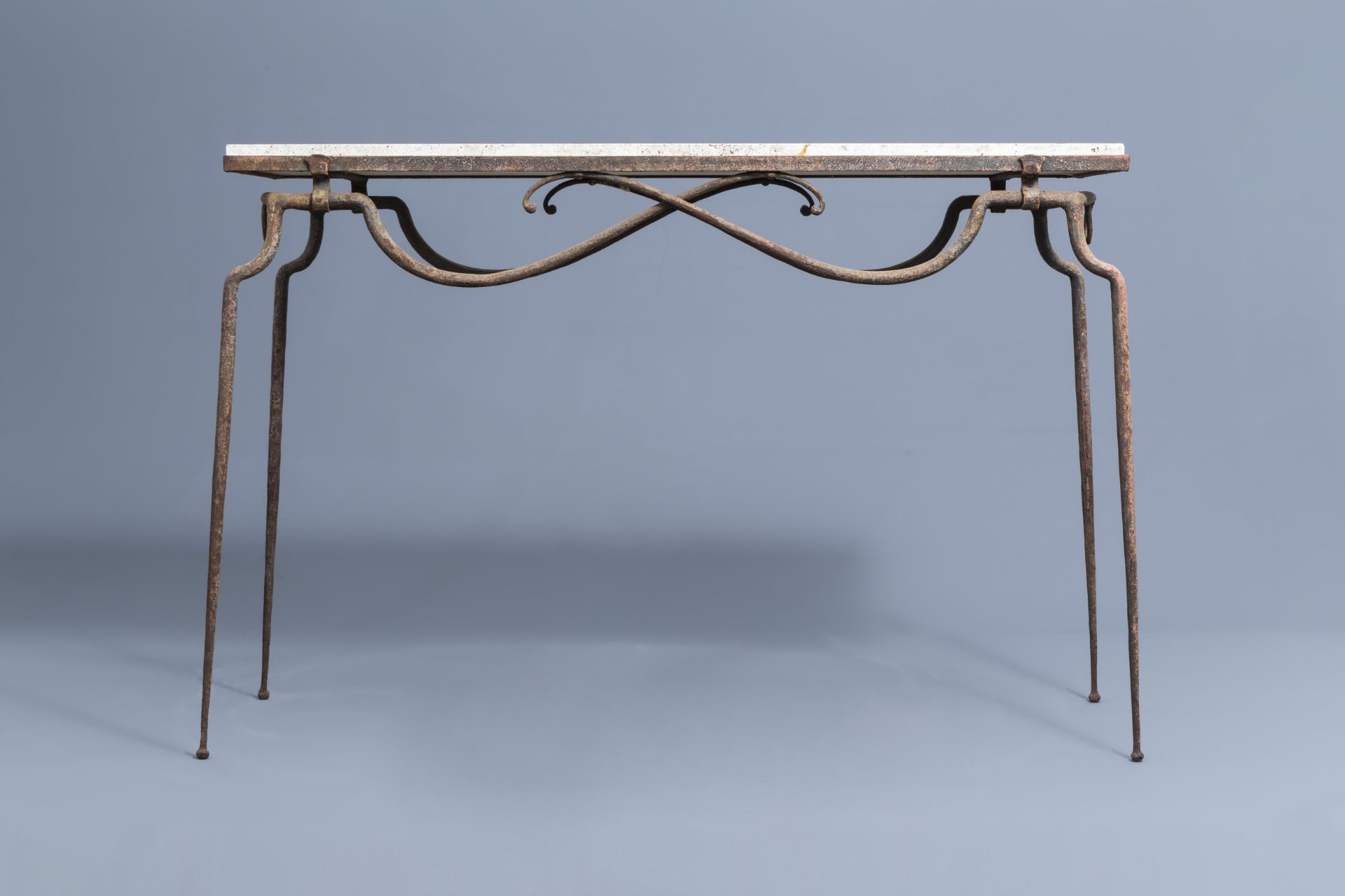 Attr. to RenŽ Prou (1889-1947): A wrought iron console with 'pierre de Bourgogne' top, mid 20th C. - Image 4 of 9