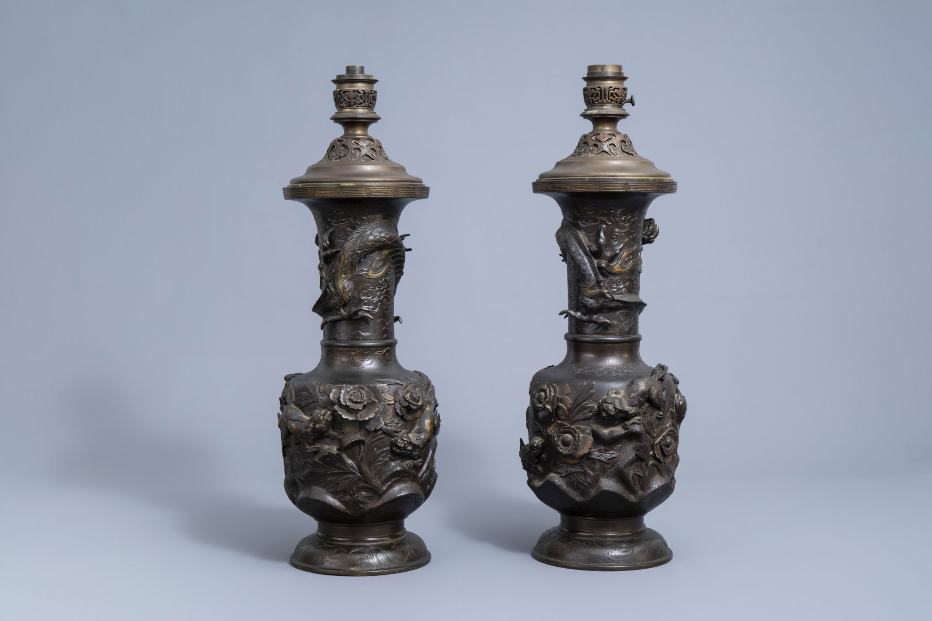 A pair of impressive Japanese partly gilt bronze vases with Gagneau mounts, Meiji, 19th C. - Image 6 of 40