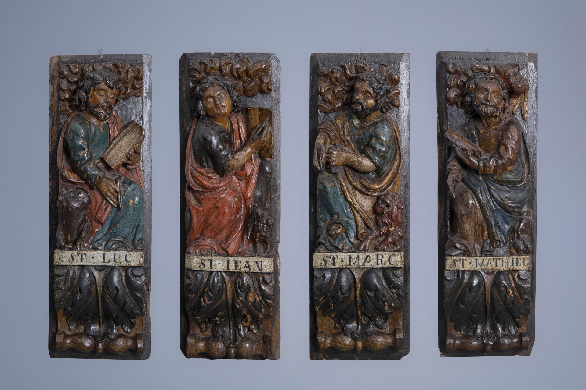 The four Evangelists in carved and polychrome painted wood, possibly southern France, ca. 1700