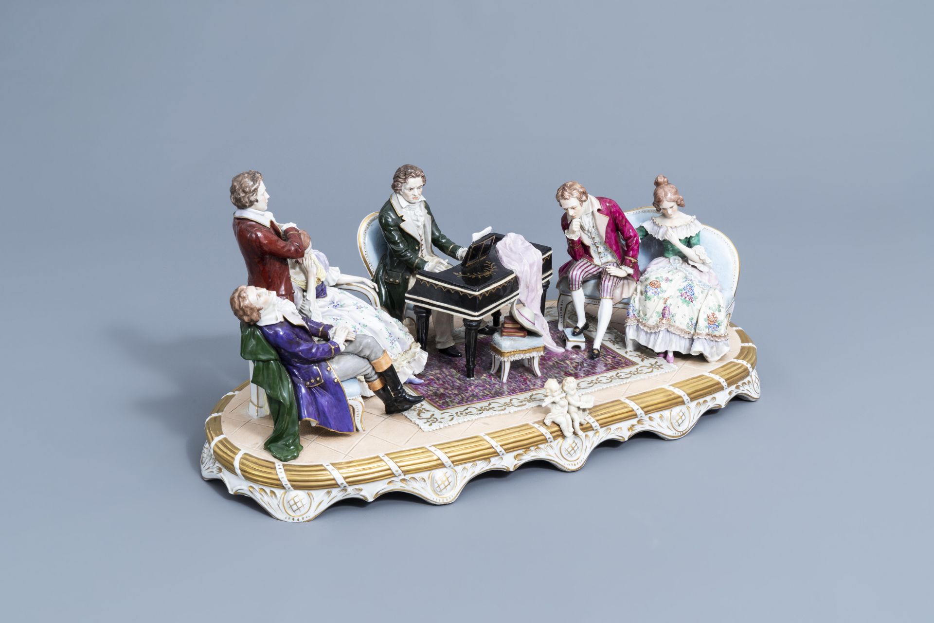 A group with a piano concerto in polychrome decorated Saxon porcelain, Sitzendorf mark, 20th C. - Image 2 of 14