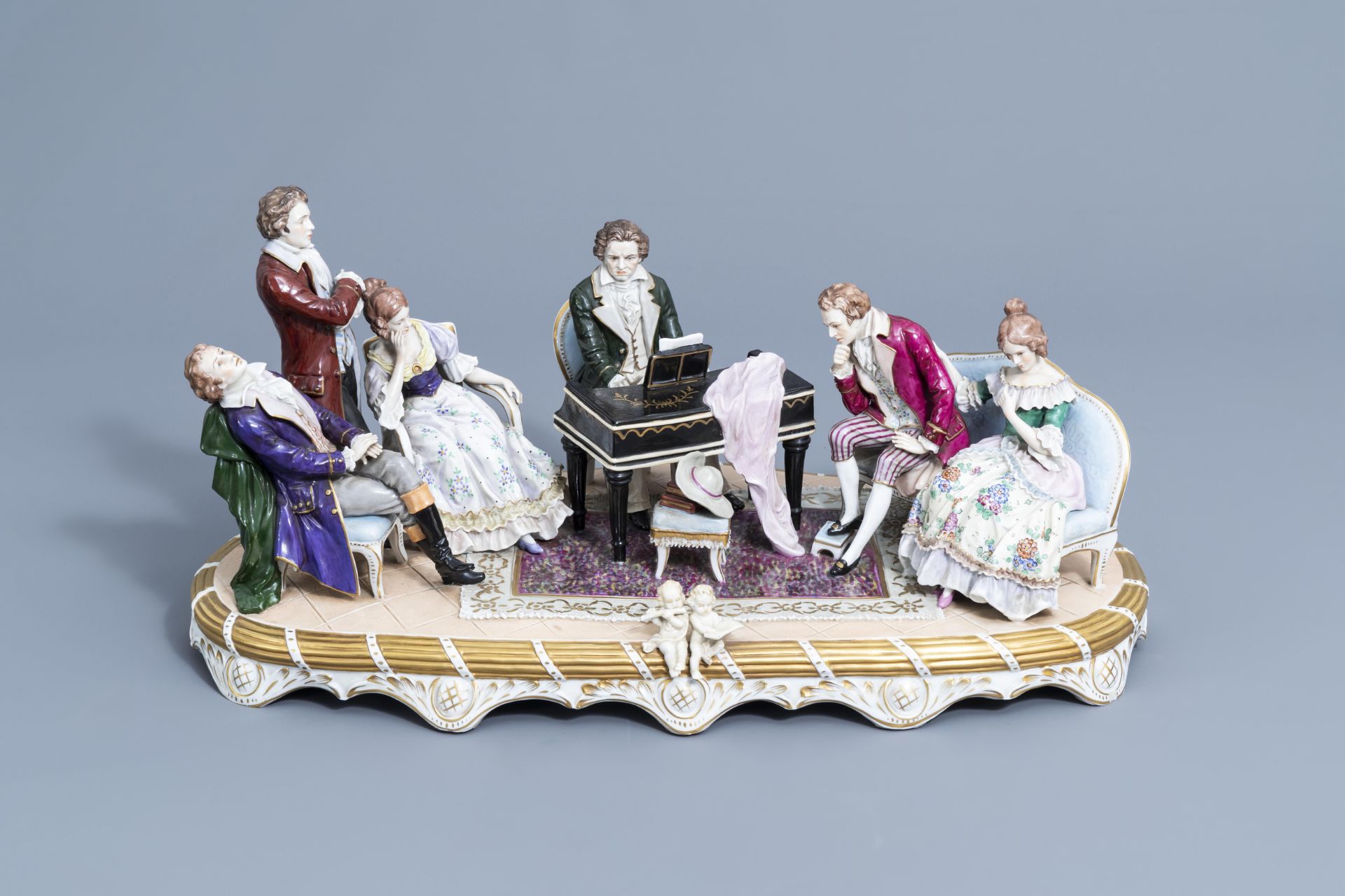 A group with a piano concerto in polychrome decorated Saxon porcelain, Sitzendorf mark, 20th C. - Image 3 of 14