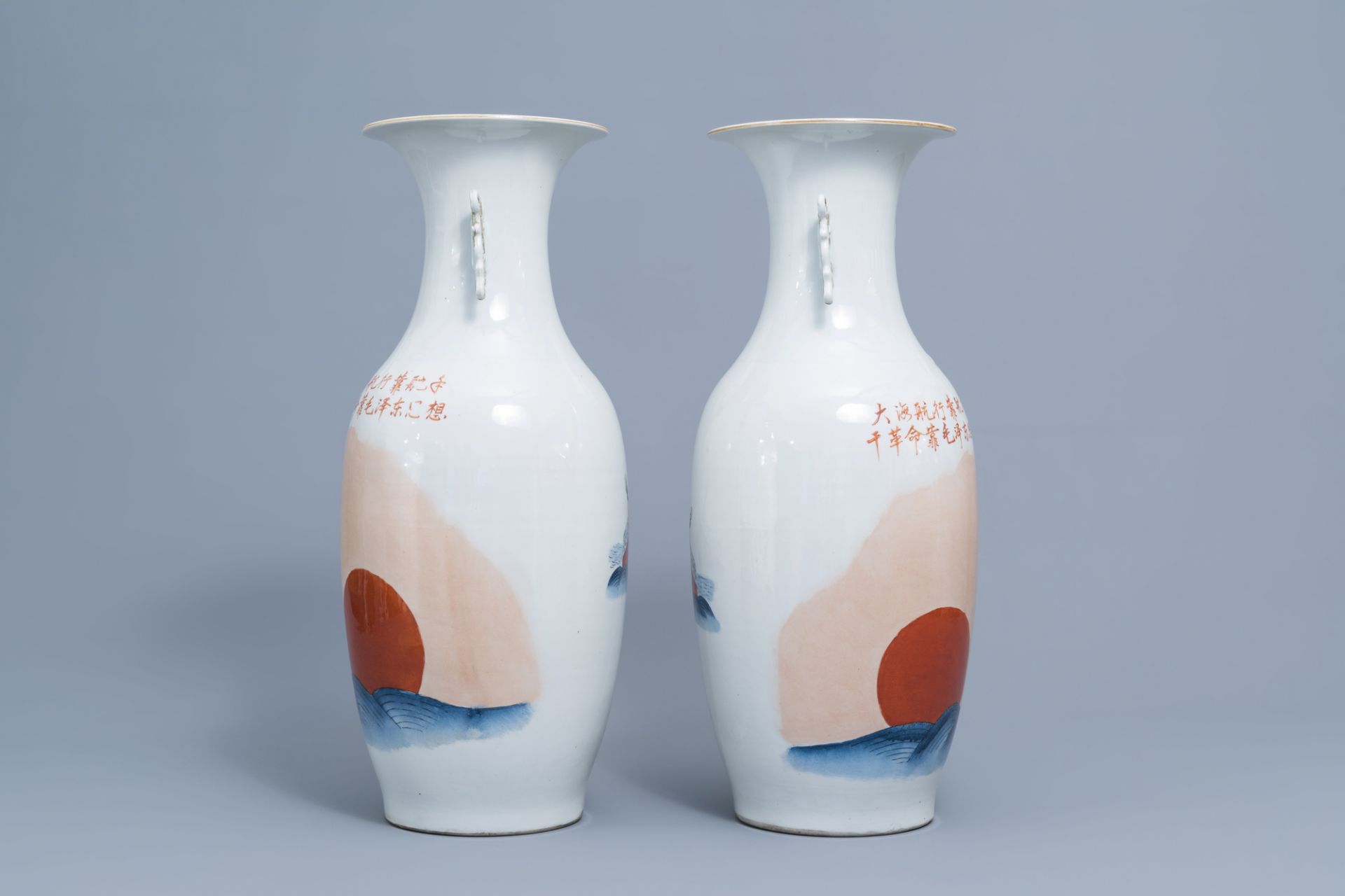 A pair of Chinese polychrome vases with a boat, 20th C. - Image 4 of 6