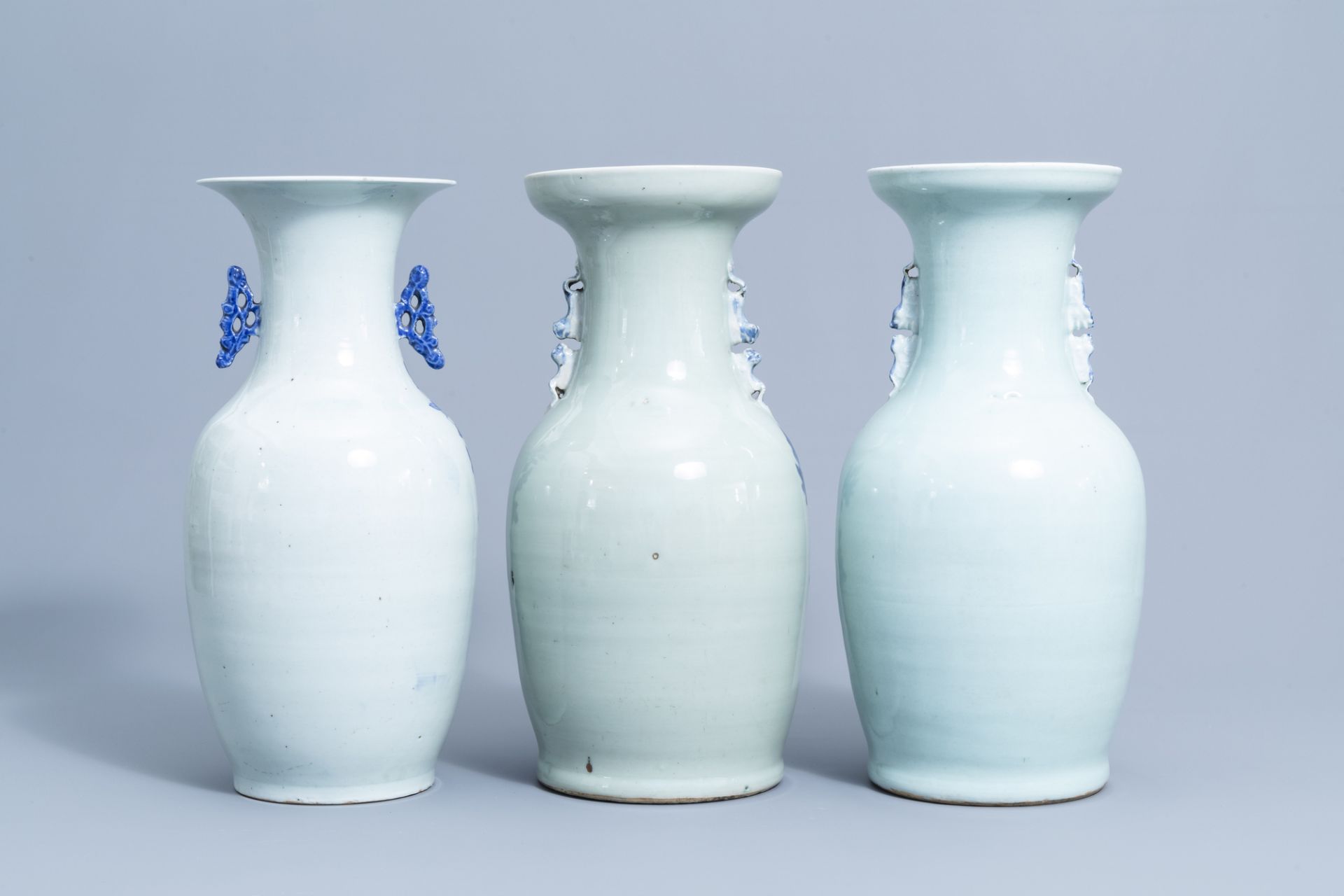 Three various Chinese blue and white celadon ground vases, 19th/20th C. - Image 4 of 7