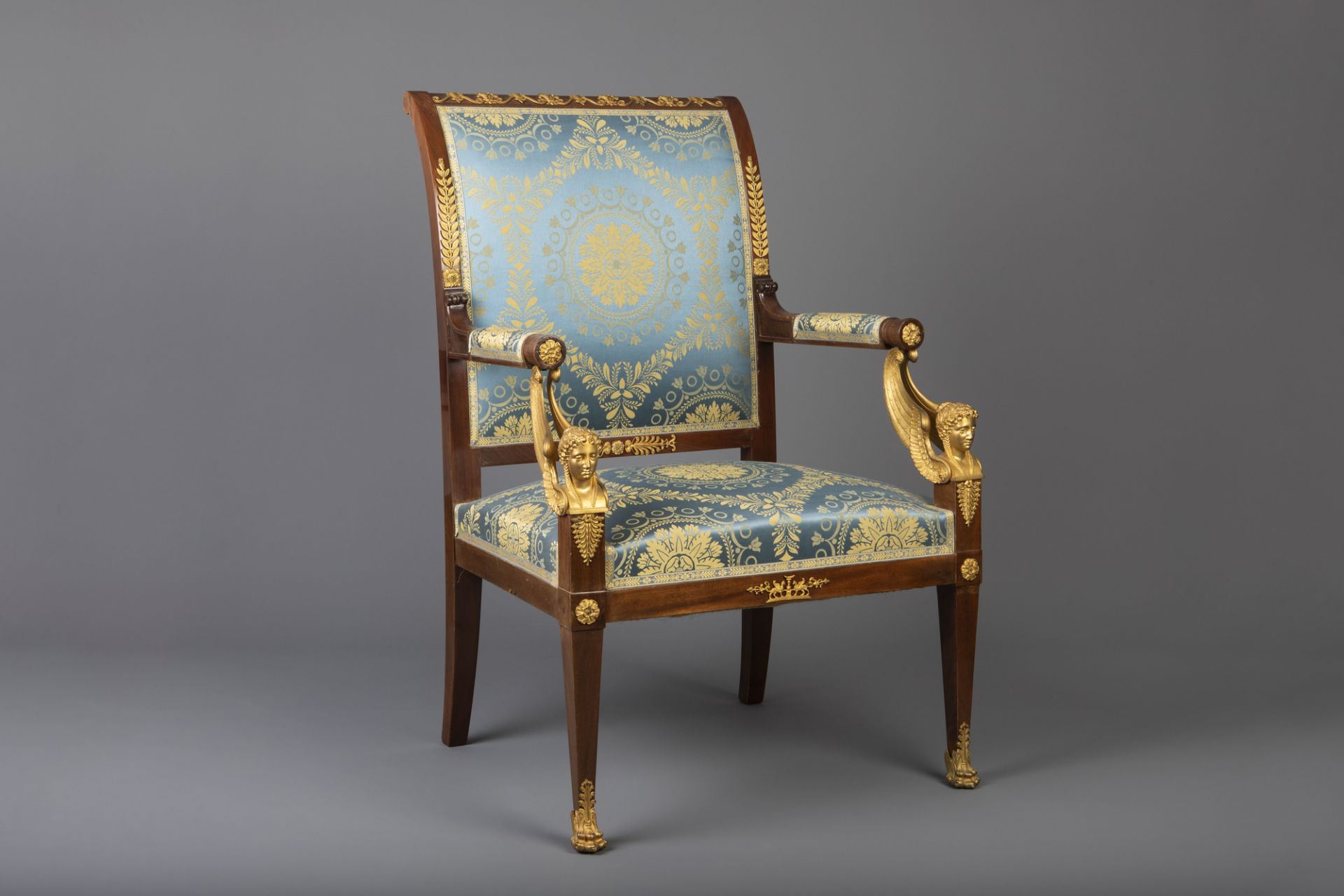 An imposing Empire style gilt bronze mounted mahogany and upholstered seven-piece salon set, France, - Image 16 of 34