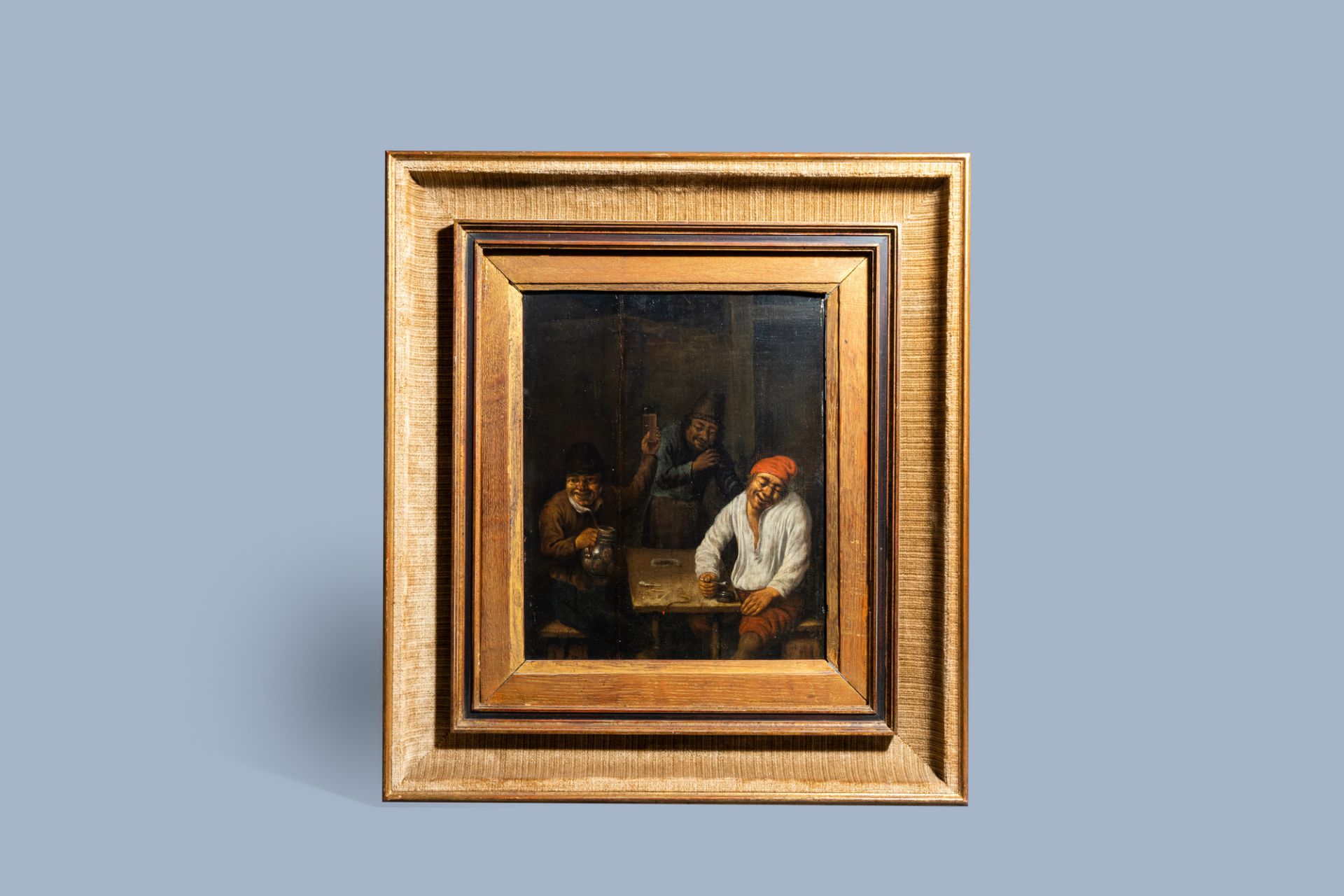 Dutch school, monogrammed H.R.: Peasants making merry at an inn, oil on canvas, 17th/18th C. - Image 2 of 4