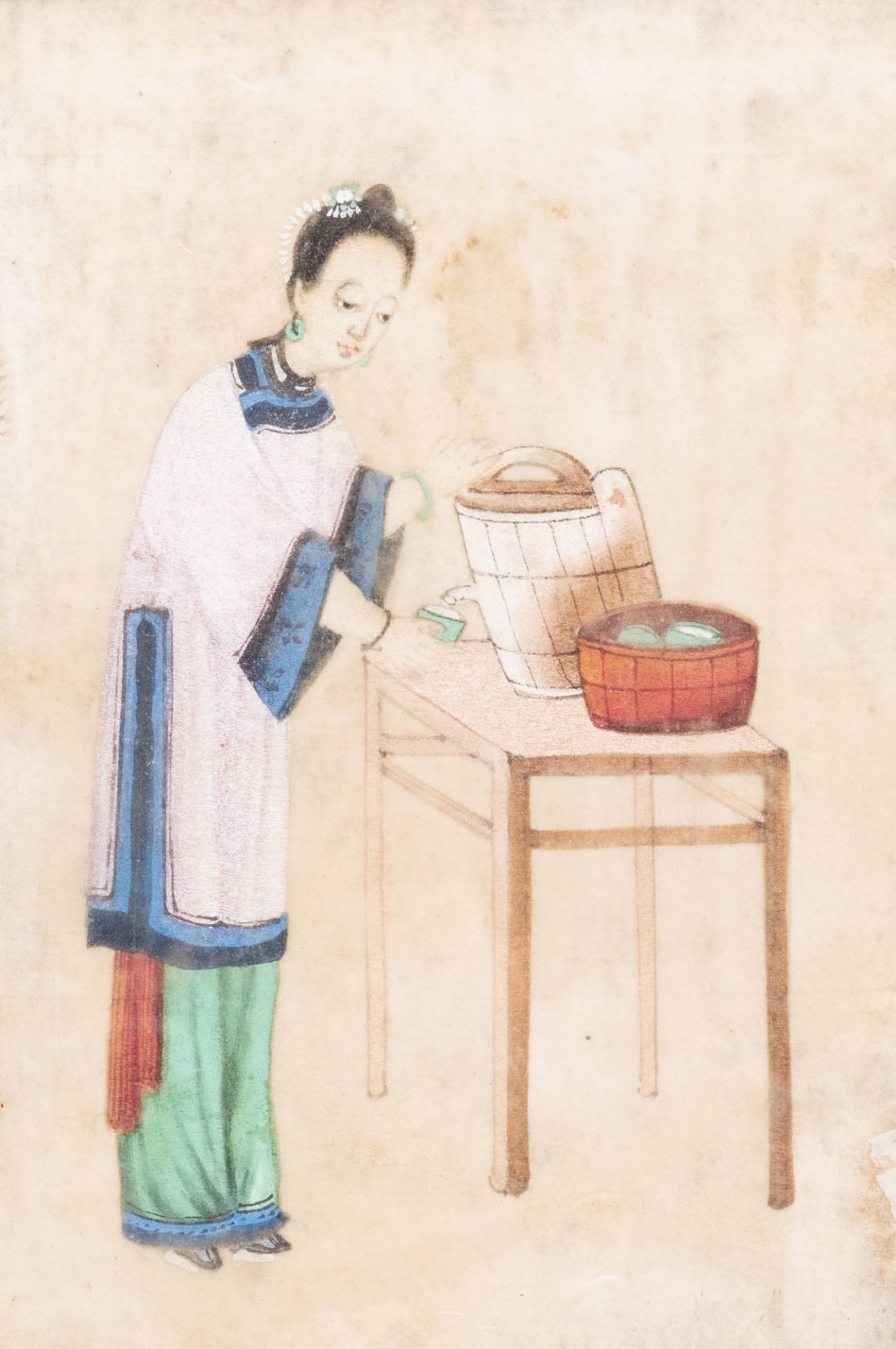 Chinese school, ink and colours on pith paper, 19th C.: Eight works depicting the tea production - Image 8 of 20