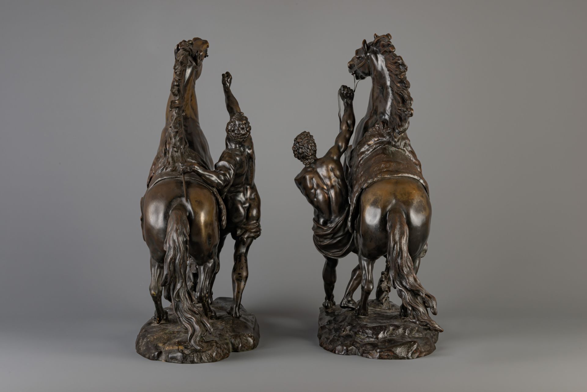 After Guillaume Coustou the Elder (1677-1746): A pair of Marley horses, patinated bronze, France, 19 - Image 4 of 5