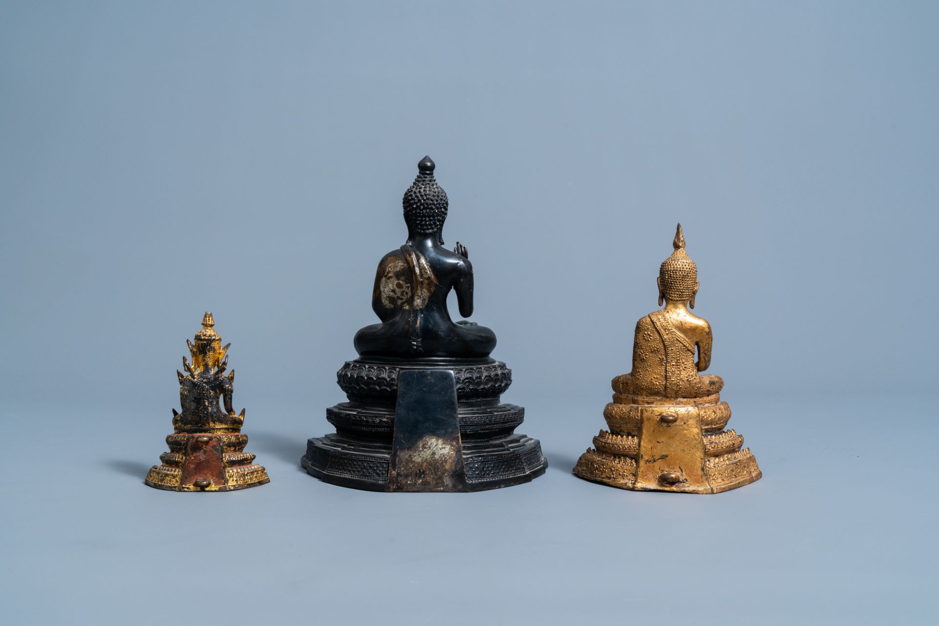 Three gilt and patinated bronze figures of Buddha, Southeast Asia, 19th/20th C. - Image 3 of 4