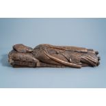 A French or Flemish carved wooden figure of a bishop on his deathbed, most probably Saint Bavo of Gh