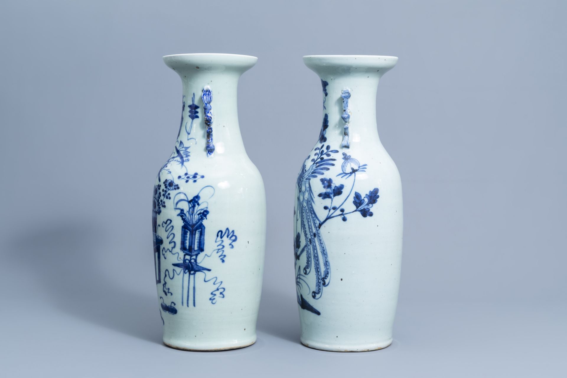 Two Chinese blue and white celadon ground vases with antiquities and phoenixes, 19th/20th C. - Image 4 of 6