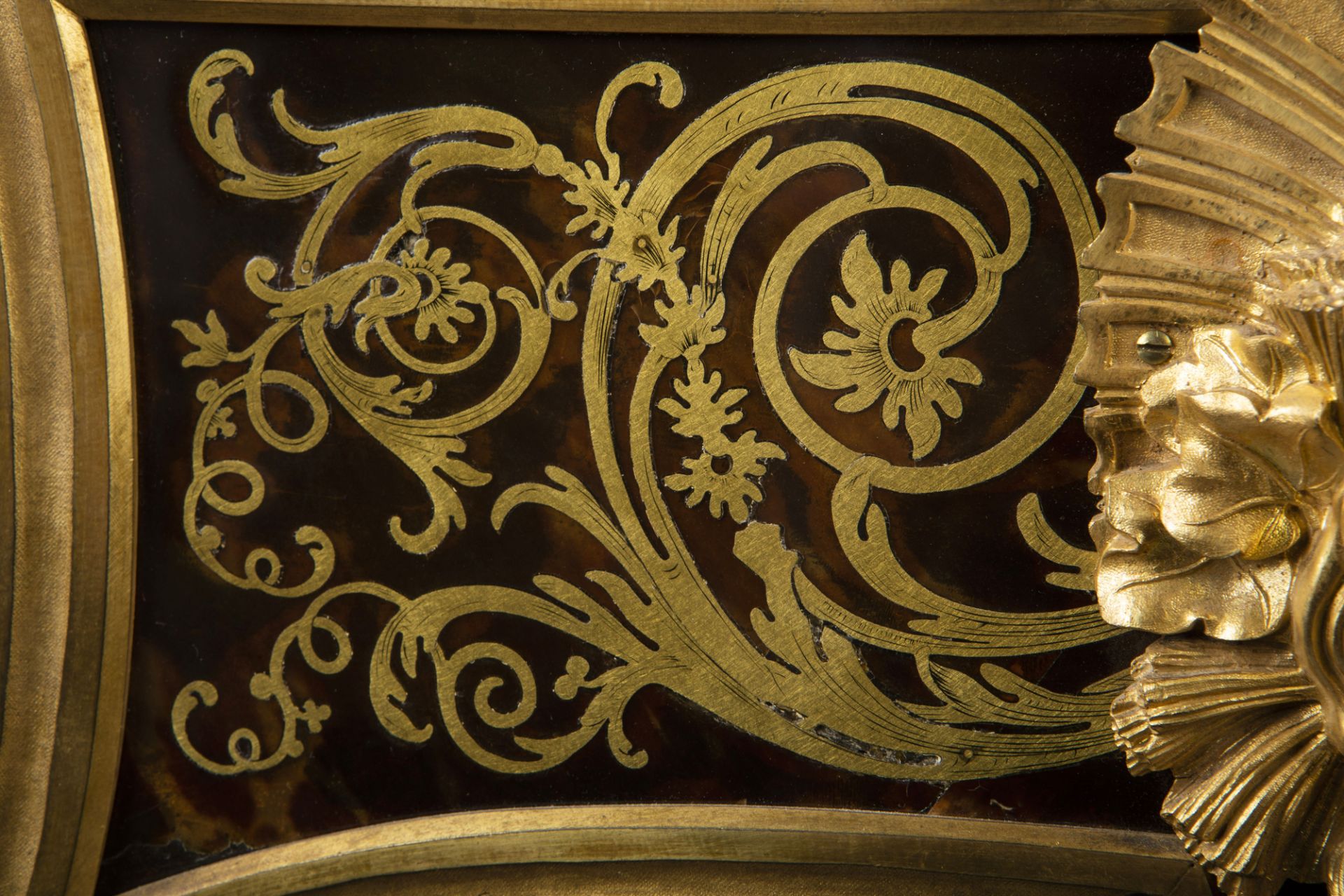 An impressive French gilt bronze mounted brass and tortoiseshell inlaid ebonized bureau plat, Befort - Image 15 of 15