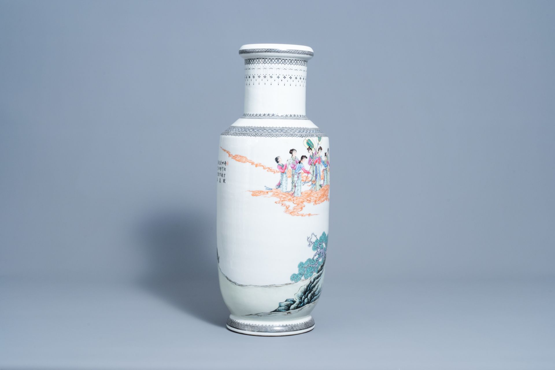 A Chinese famille rose vase with figures in a landscape, Qianlong mark, Republic, 20th C. - Image 5 of 7