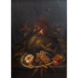 German school: Still life with a squirrel and fruit, oil on canvas, 18th C.