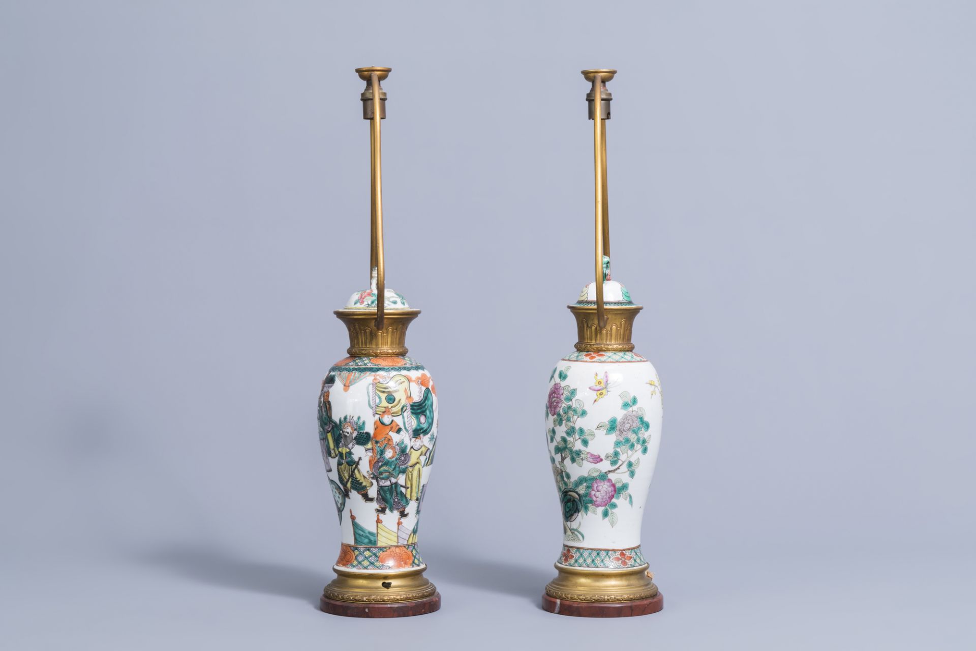 Two various Chinese famille verte and famille rose vases and covers mounted as lamps, 19th C. - Image 4 of 6