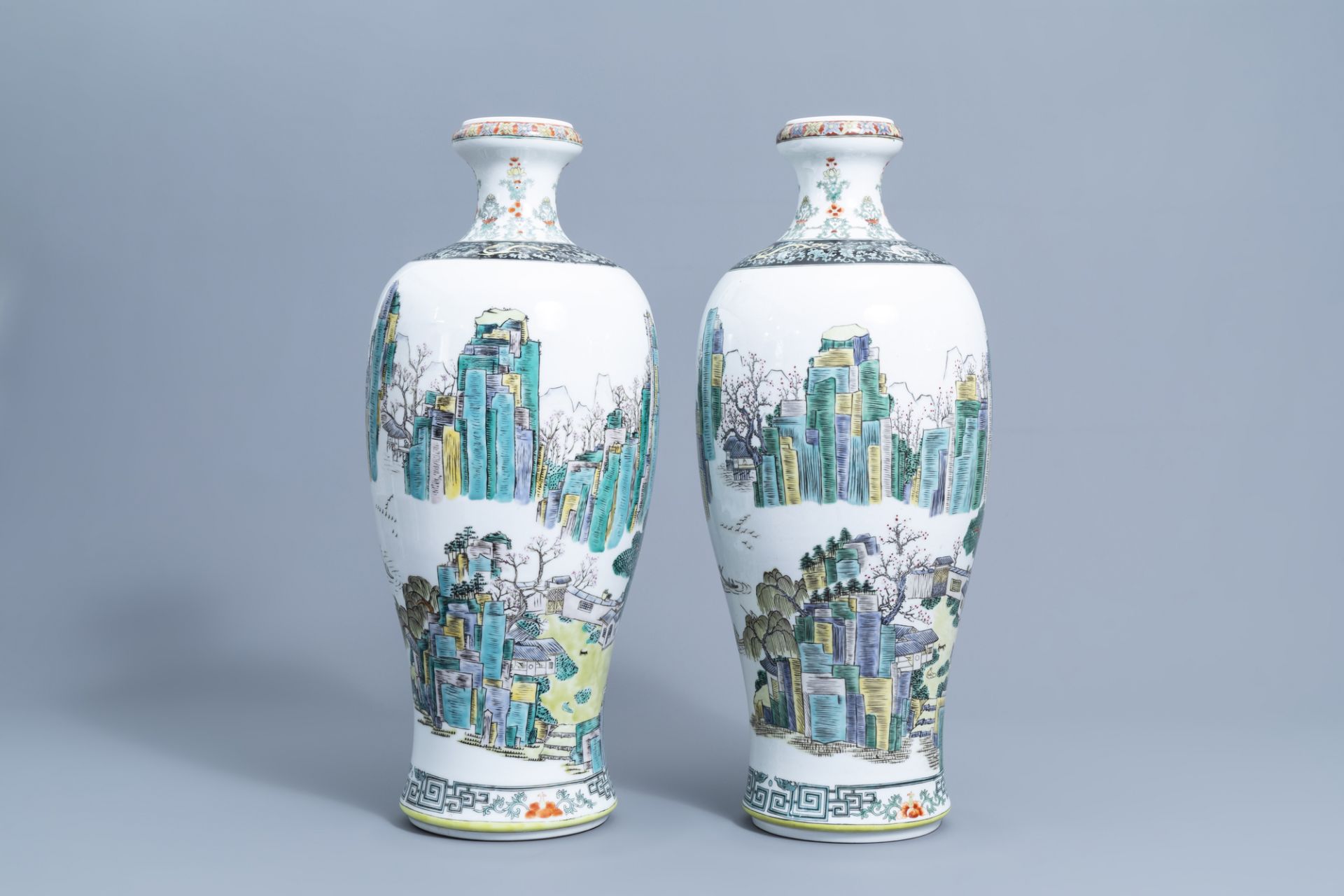 A pair of Chinese famille verte meiping vases with an animated landscape all around, 20th C. - Image 3 of 6