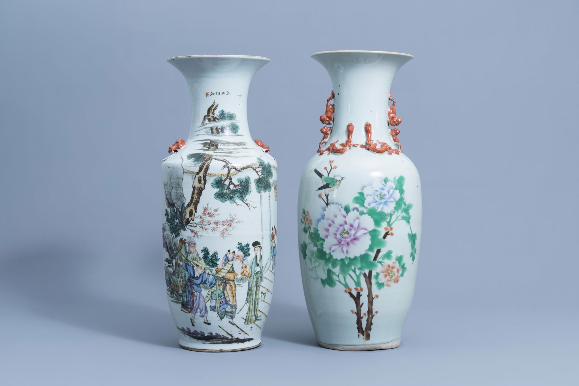 Two Chinese famille rose vases with figurative design & a bird among blossoms, 19th/20th C.