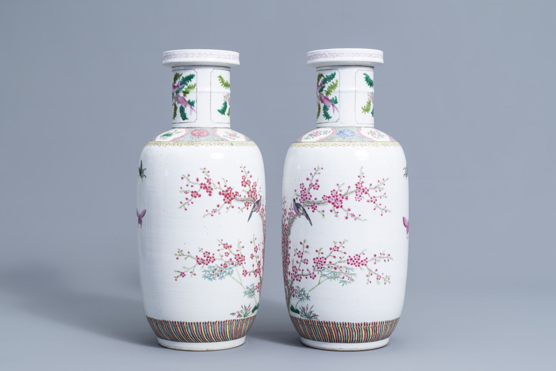 A pair of Chinese famille rose vases with birds among blossoming branches, 20th C. - Image 2 of 6