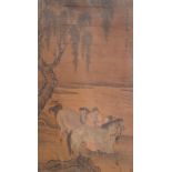 Chinese school, after Zhao Yong (1289-1369), ink and colours on silk, Qing: Two men and their horses