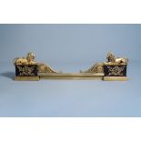 A pair of French Neoclassical patinated and gilt bronze andirons with a lion, 19th C.