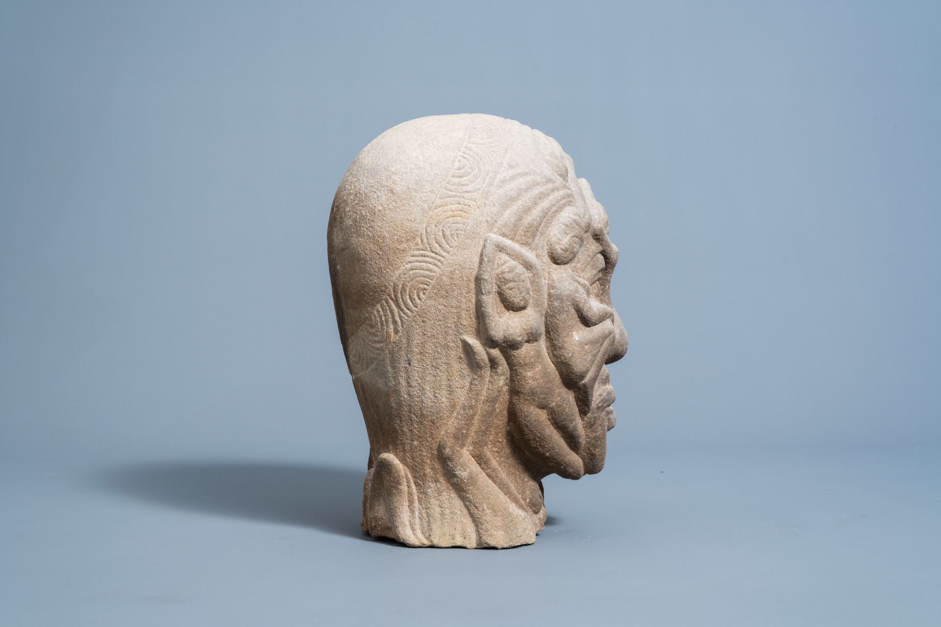 A Japanese stone head of a man formed by naked female bodies, Meiji, 19th/20th century - Image 2 of 6