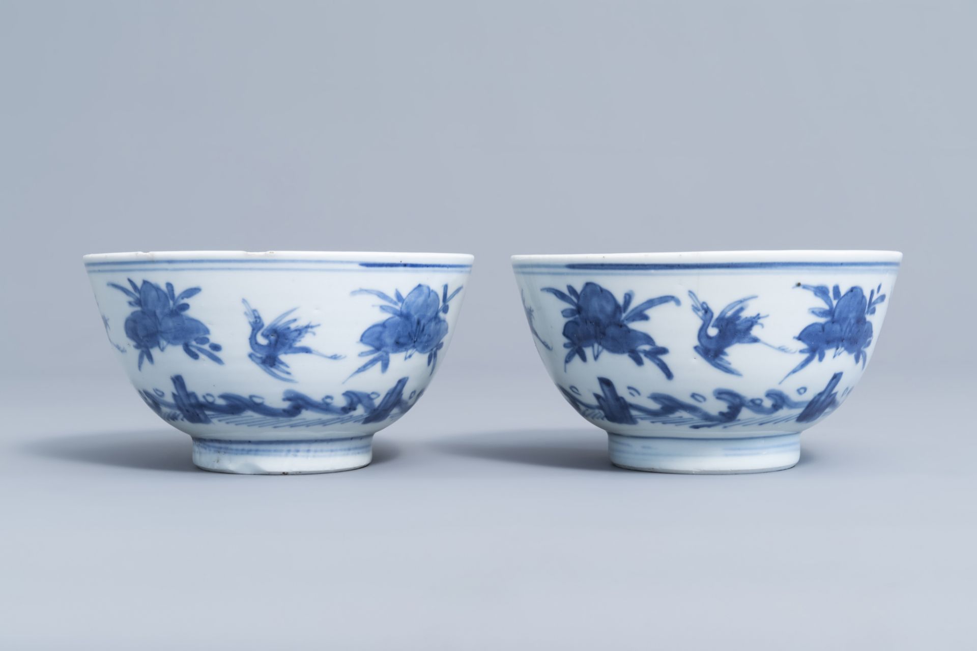 Two Chinese blue and white bowls with cranes and peaches, Ming - Image 3 of 7