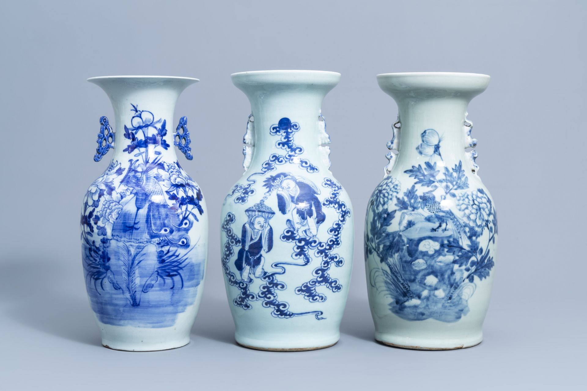 Three various Chinese blue and white celadon ground vases, 19th/20th C.