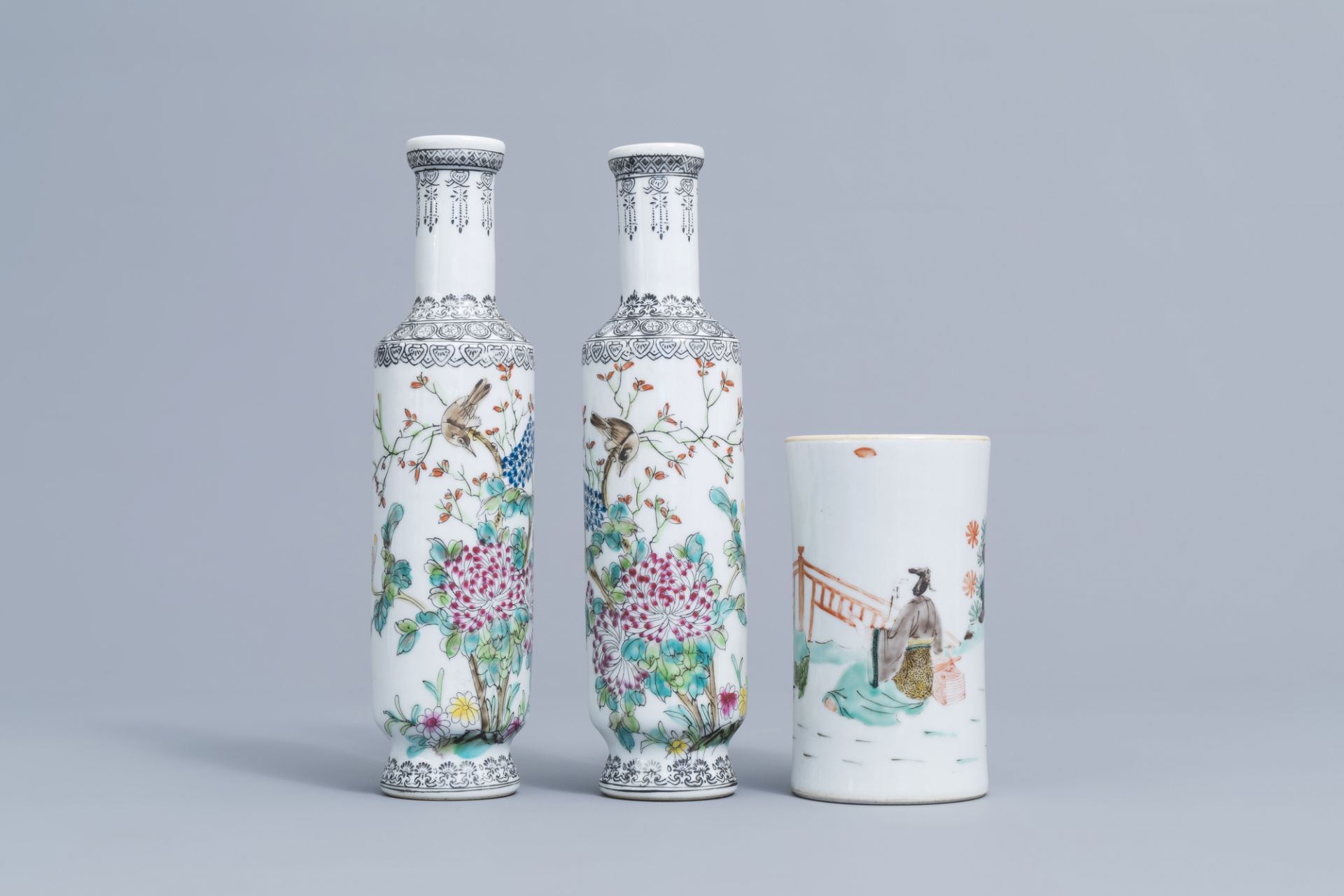 Six various Chinese famille rose vases and a famille verte 'scholars' brush pot, 20th C. - Image 8 of 13