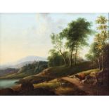 Jean Pillement (1728-1808, in the manner of): A river landscape with a shepherd and his cattle, oil