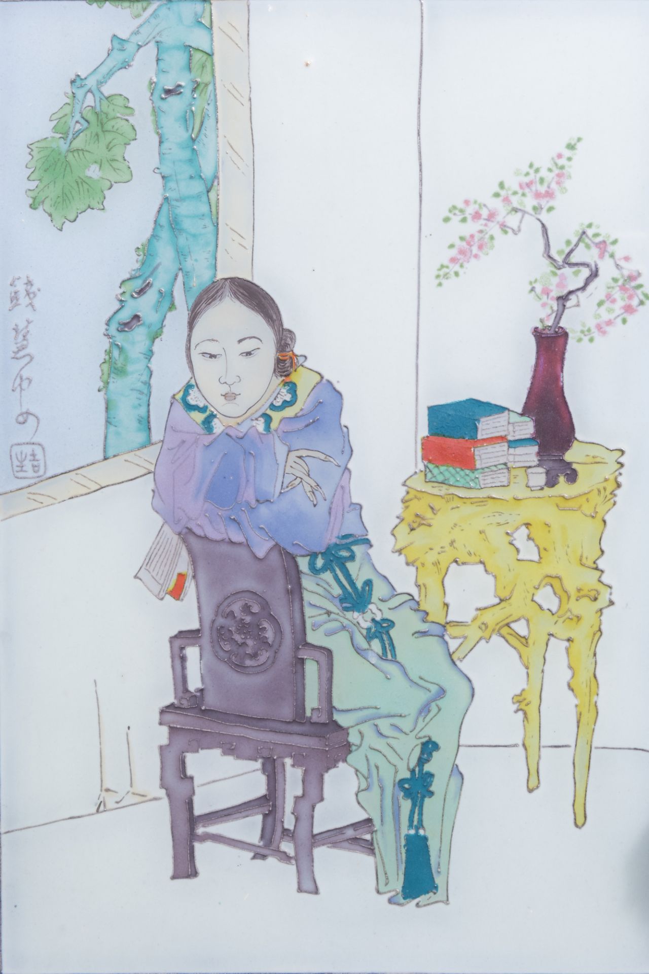 A Chinese painted glass window with a lady in an interior mounted in a wooden table screen, 19th/20t - Image 8 of 9